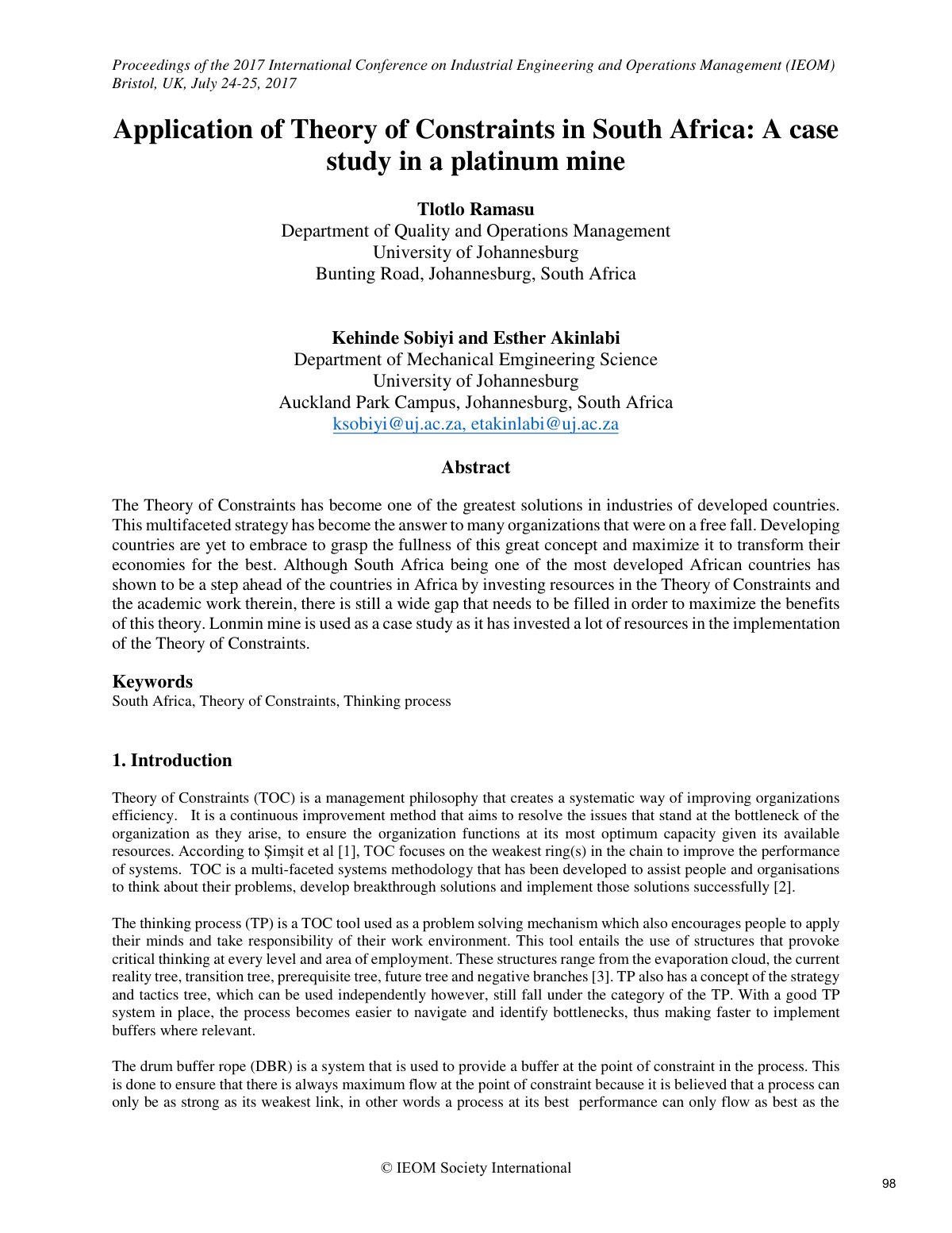 First page of Application of Theory of Constraints in