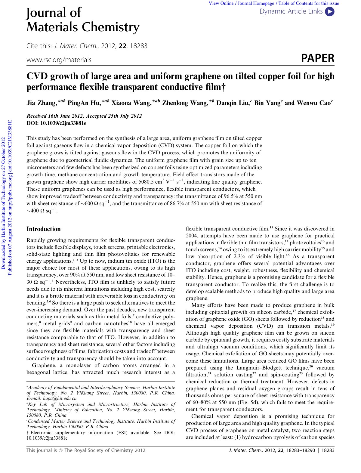First page of CVD growth of large area and uniform graphene on tilted copper foil for high performance ﬂexible transparent conductive ﬁlm†