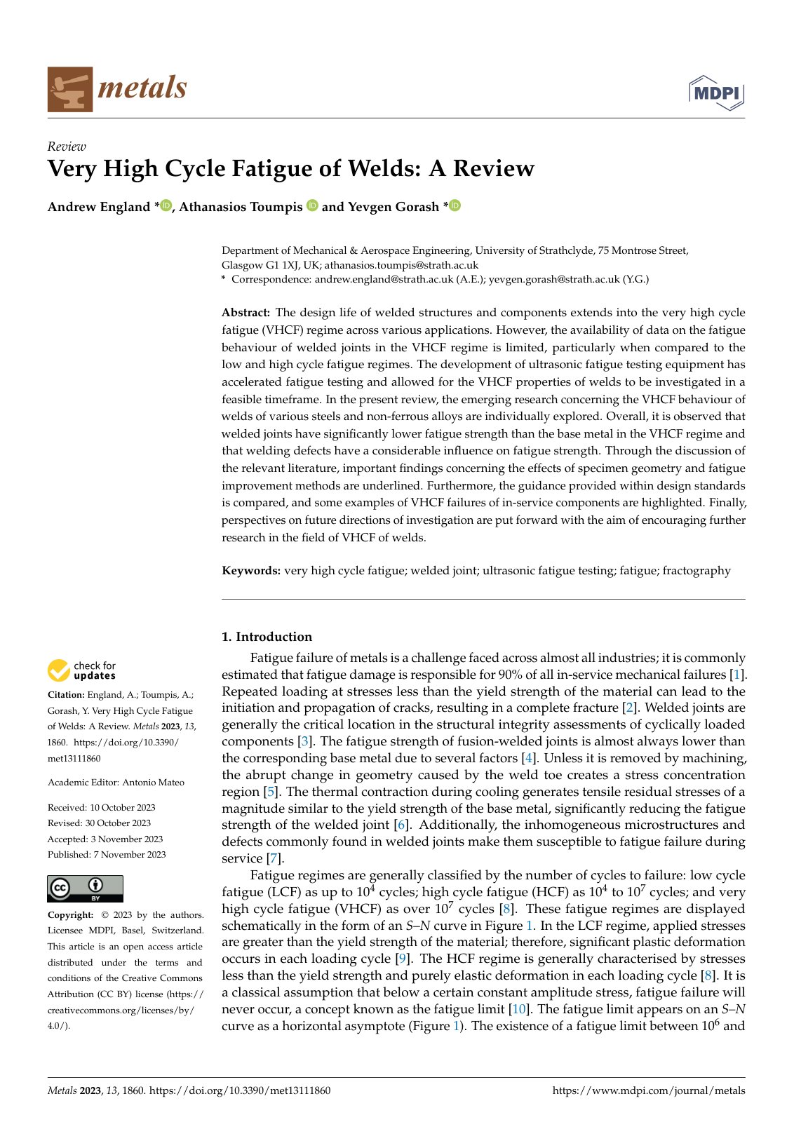 First page of Very High Cycle Fatigue of Welds: A Review