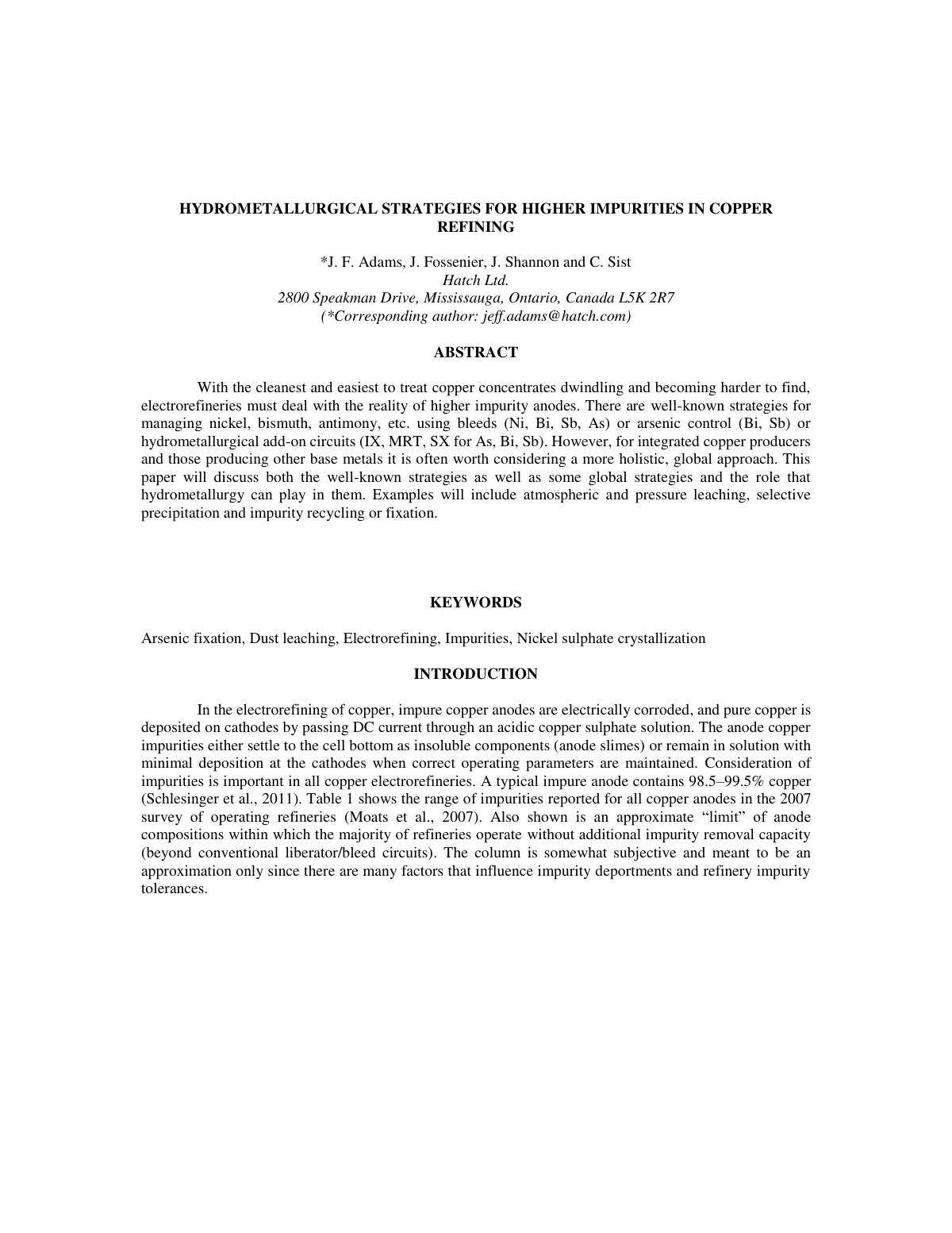 First page of HYDROMETALLURGICAL STRATEGIES FOR HIGHER IMPURITIES IN COPPER REFINING