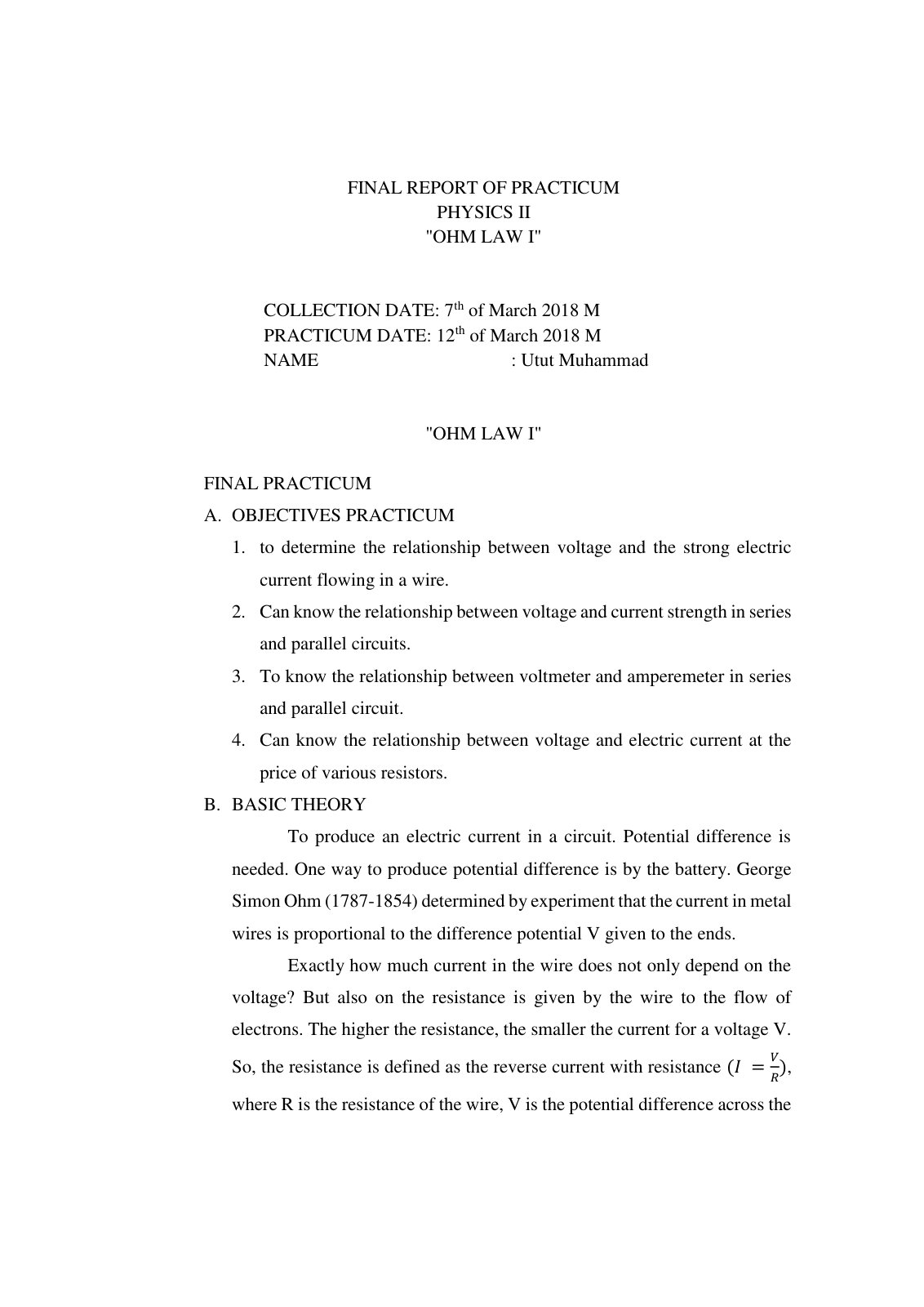 First page of FINAL REPORT OF PRACTICUM PHYSICS II "OHM LAW I