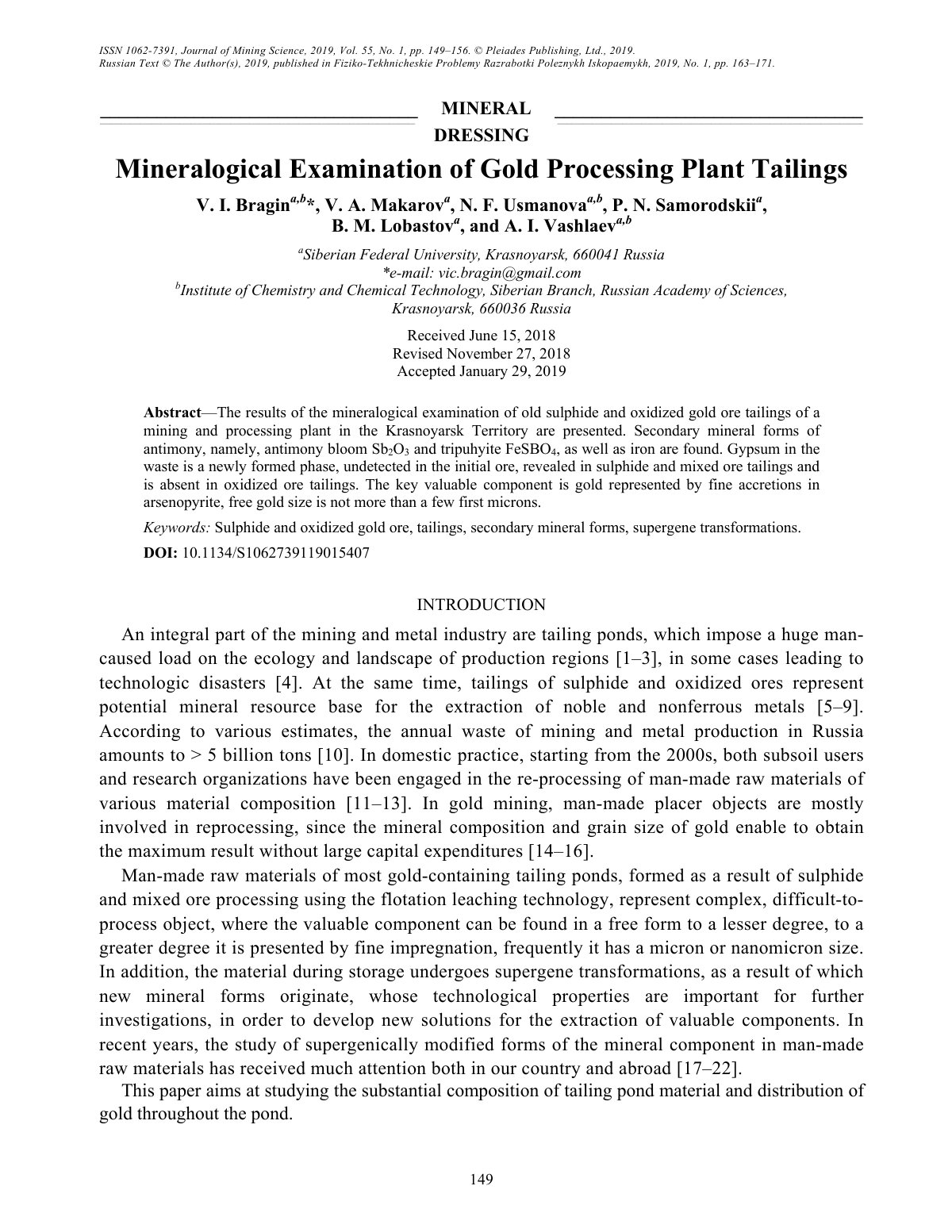 First page of Mineralogical Examination of Gold Proces