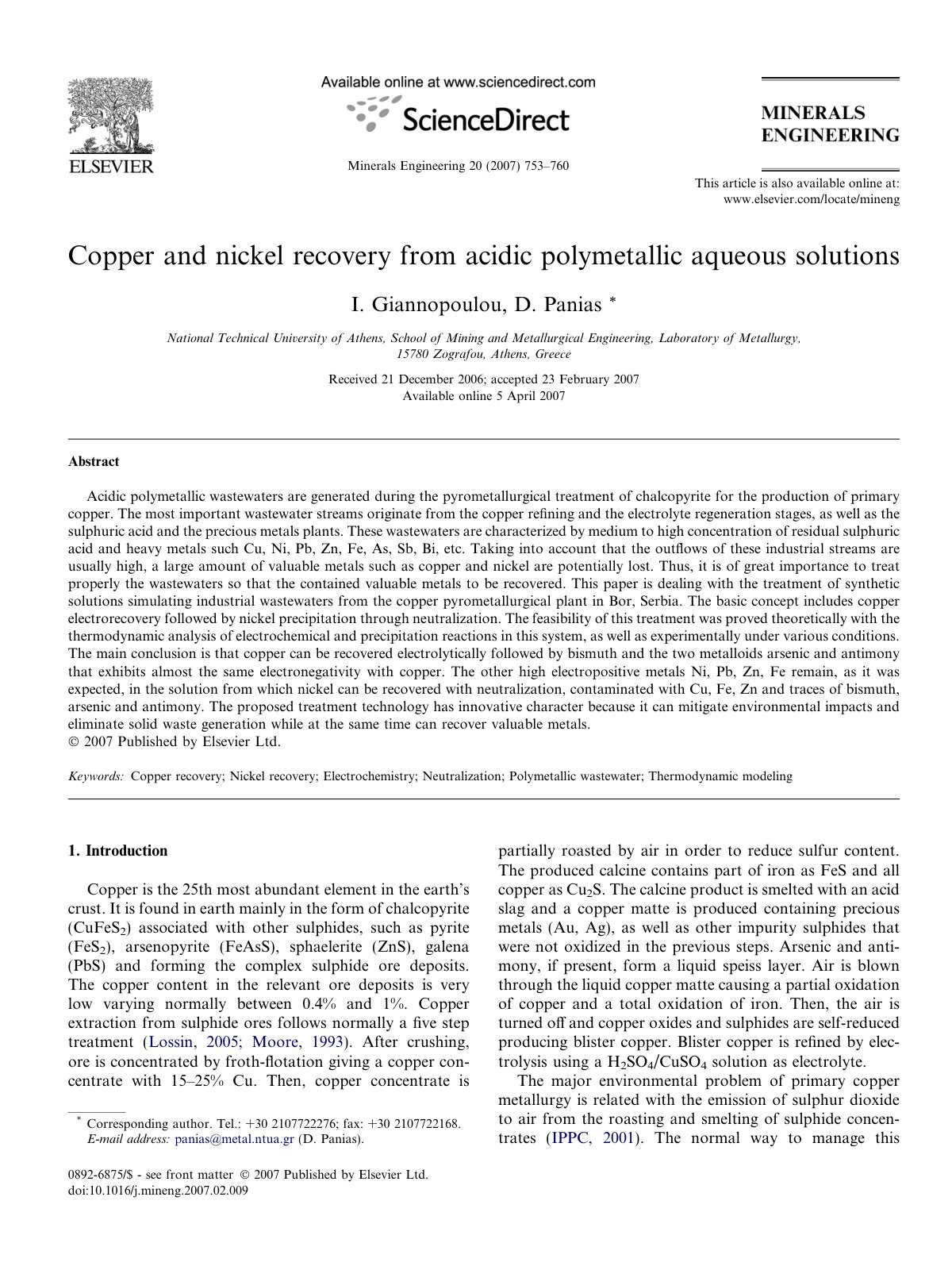 First page of Copper and nickel recovery from acidic polymetallic aqueous solutions