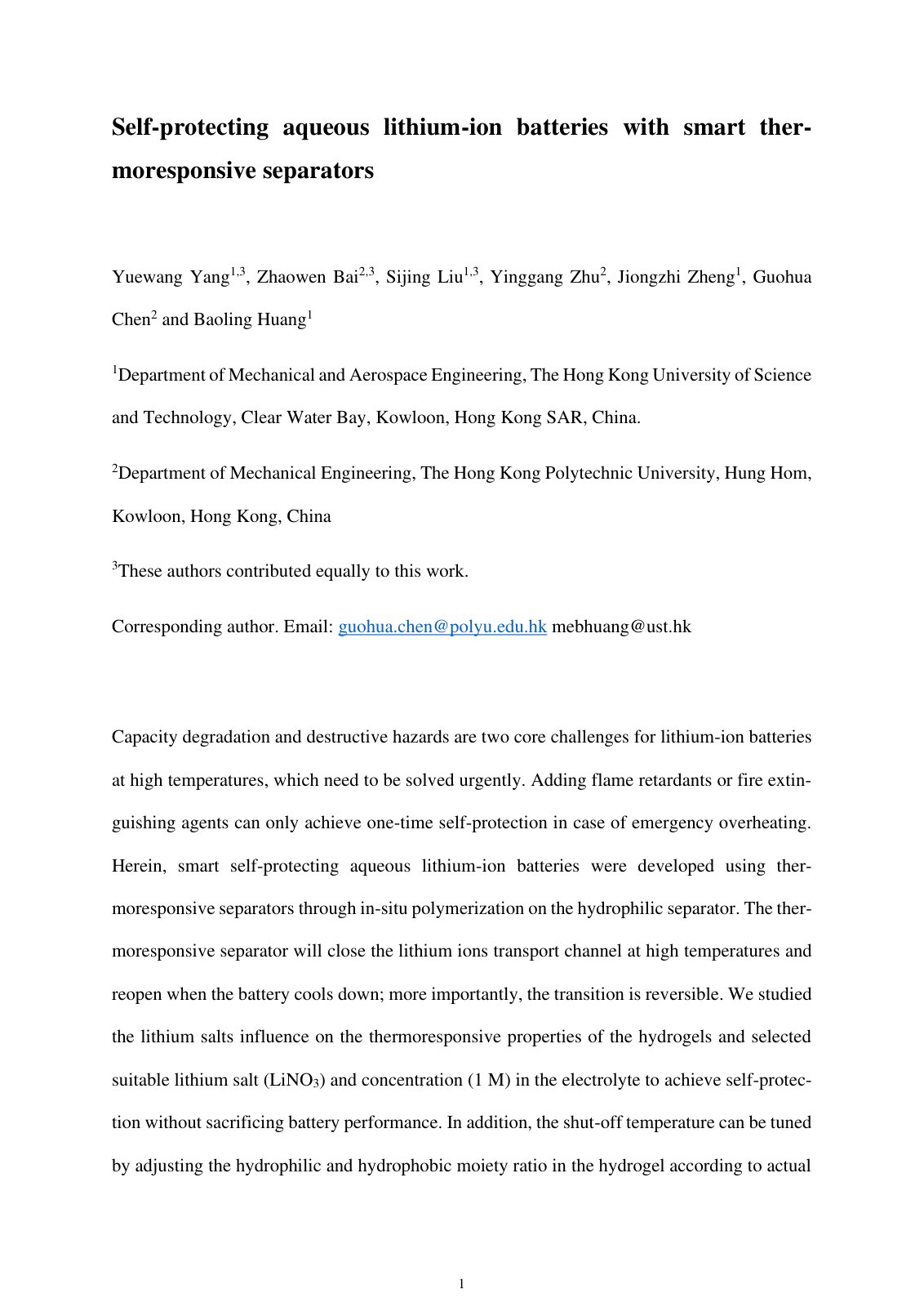 First page of Self-protecting aqueous lithium-ion batteries with smart ther-