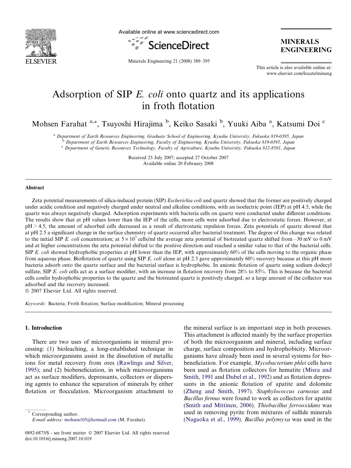 First page of Adsorption of SIP E coli onto quartz and