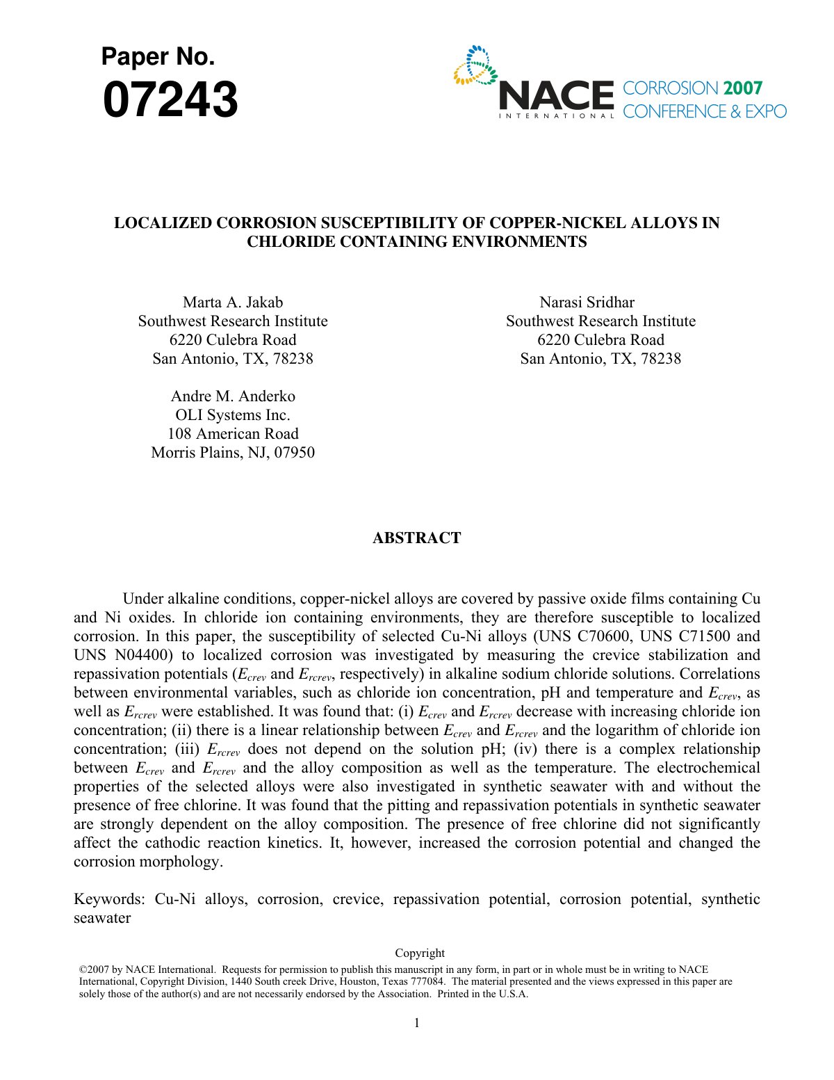First page of LOCALIZED CORROSION SUSCEPTIBILITY OF COPPER-NICKEL ALLOYS IN CHLORIDE CONTAINING ENVIRONMENTS