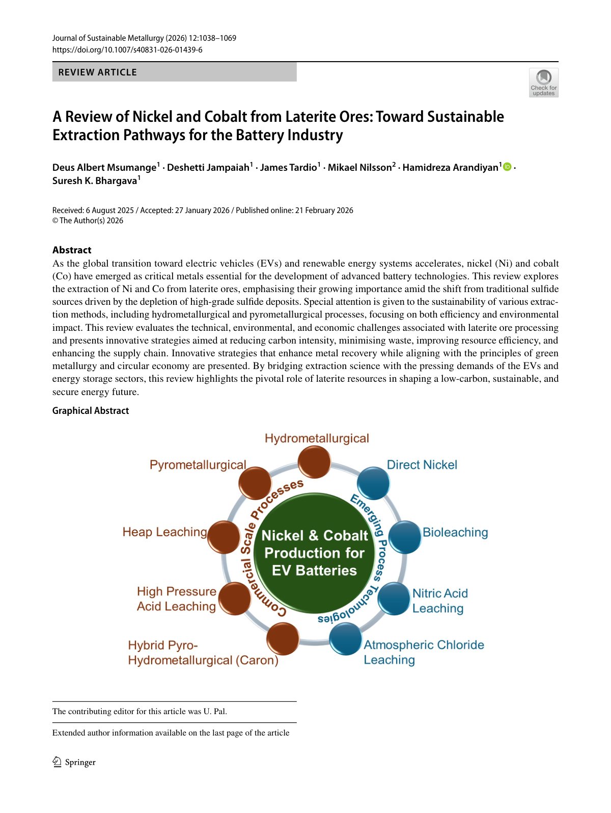 First page of A Review of Nickel and Cobalt from Laterite Ores: Toward Sustainable Extraction Pathways for the Battery Industry