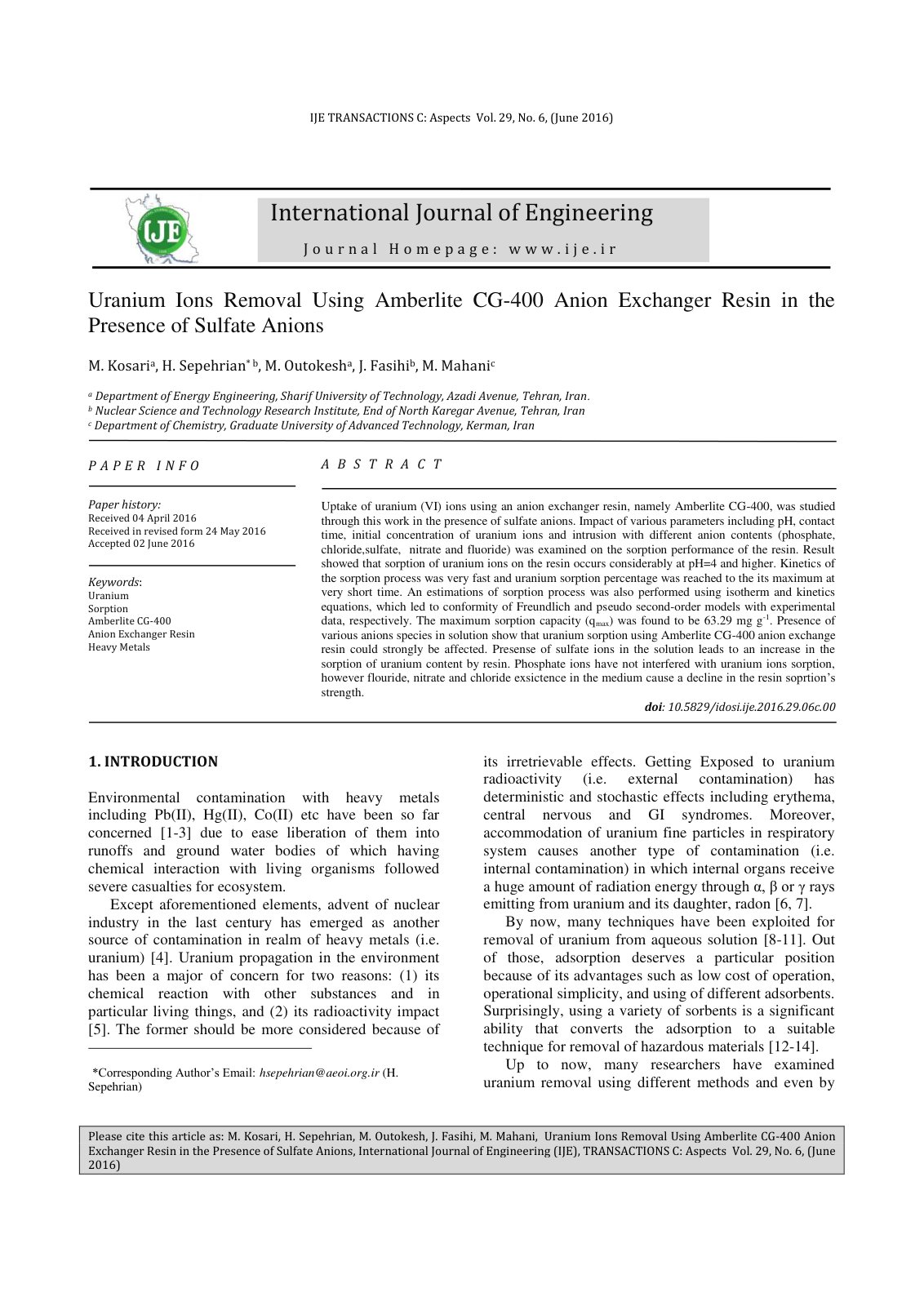 First page of Uranium Ions Removal Using Amberlite CG-400 Anion Exchanger Resin in the Presence of Sulfate Anions