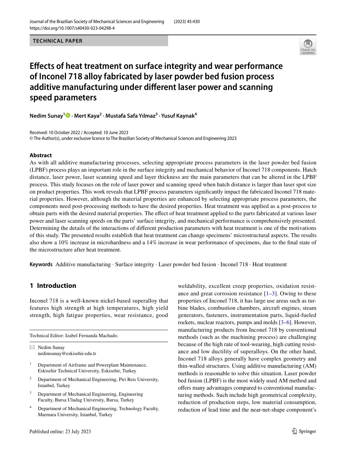 First page of Effects of heat treatment on surface integrity and wear performance of Inconel 718 alloy fabricated by laser powder bed fusion process additive manufacturing under different laser power and scanning speed parameters