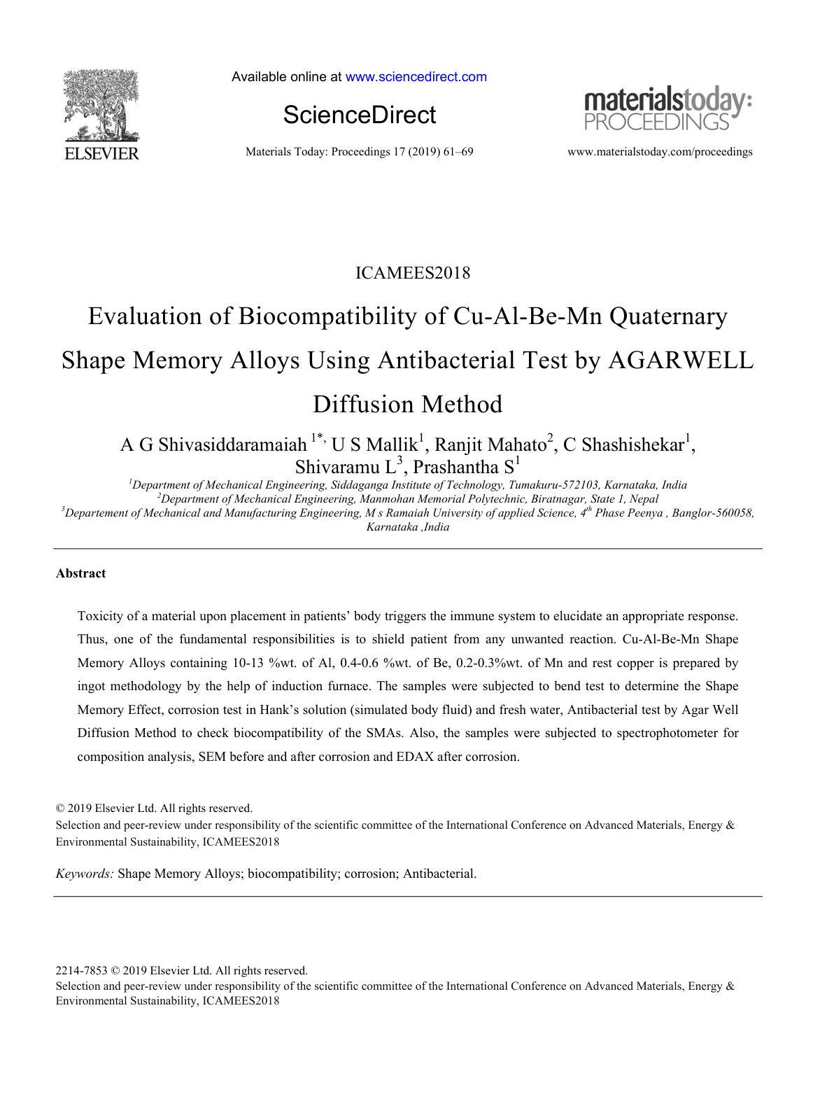 First page of Evaluation of Biocompatibility of Cu-Al-Be-Mn Quaternary Shape Memory Alloys Using Antibacterial Test by AGARWELL Diffusion Method