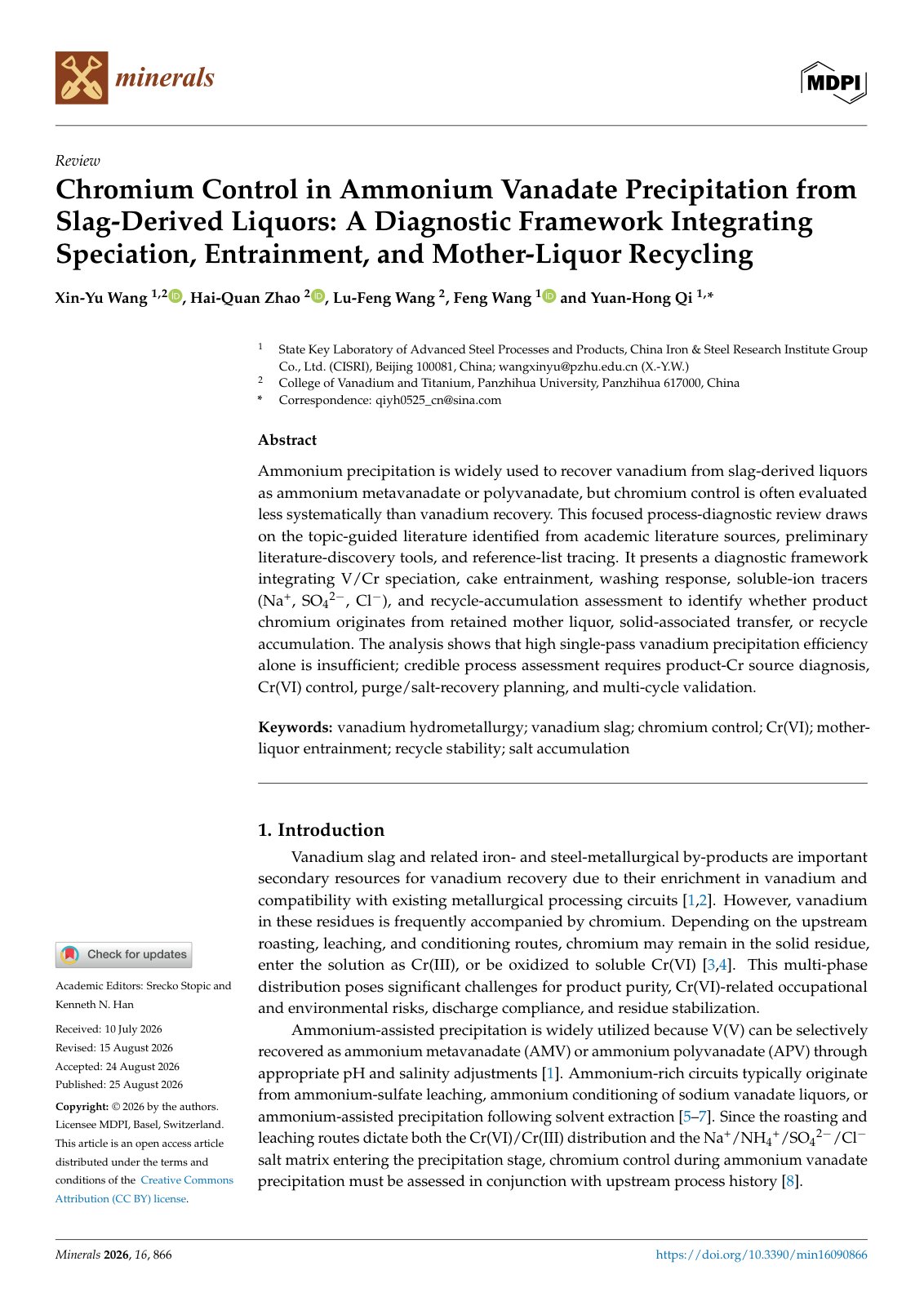 First page of 2026   Wang   Chromium control in ammonium vanadate precipitation