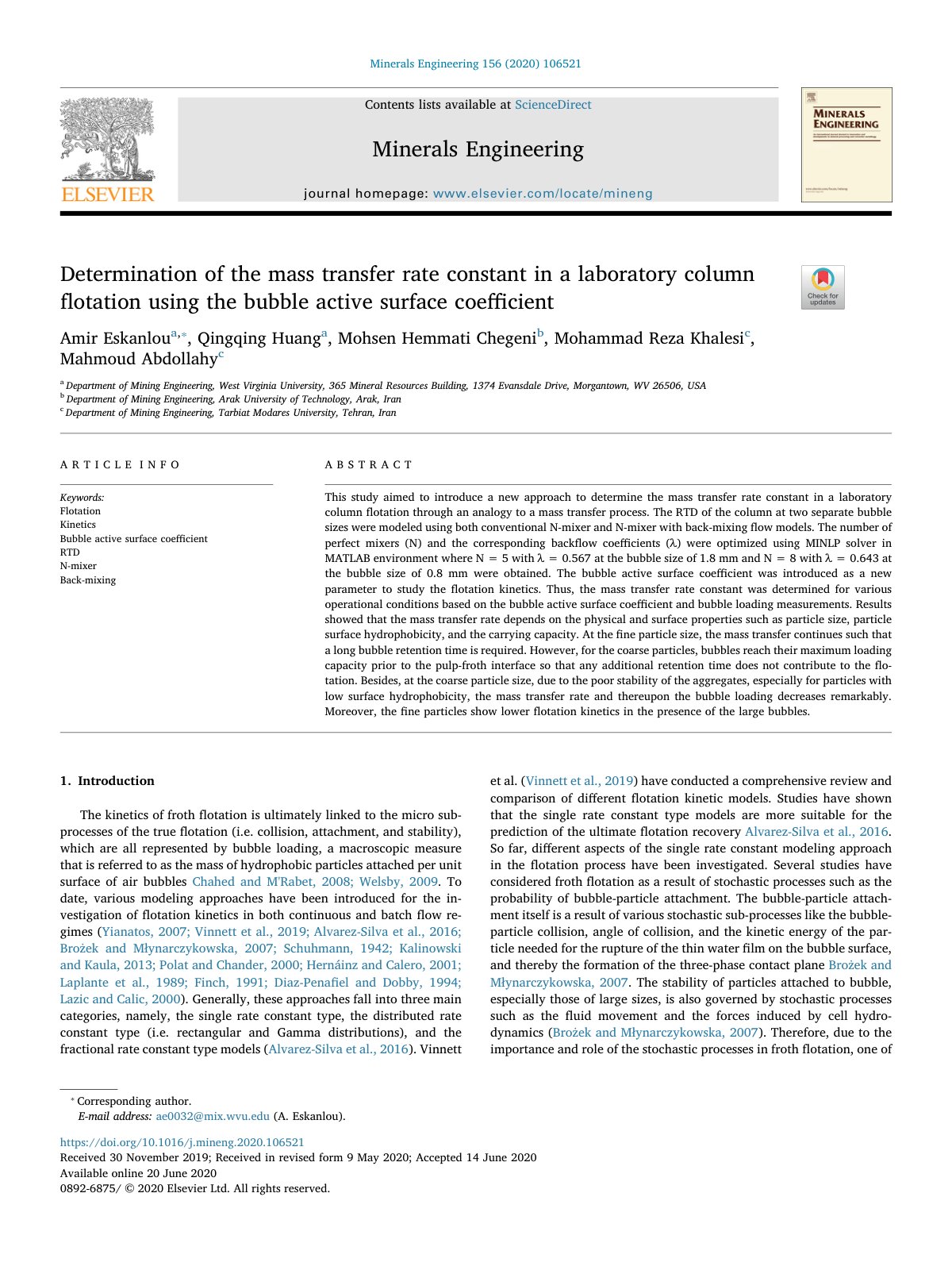 First page of Determination of the mass transfer rate constant in a laborat 2020 Minerals 