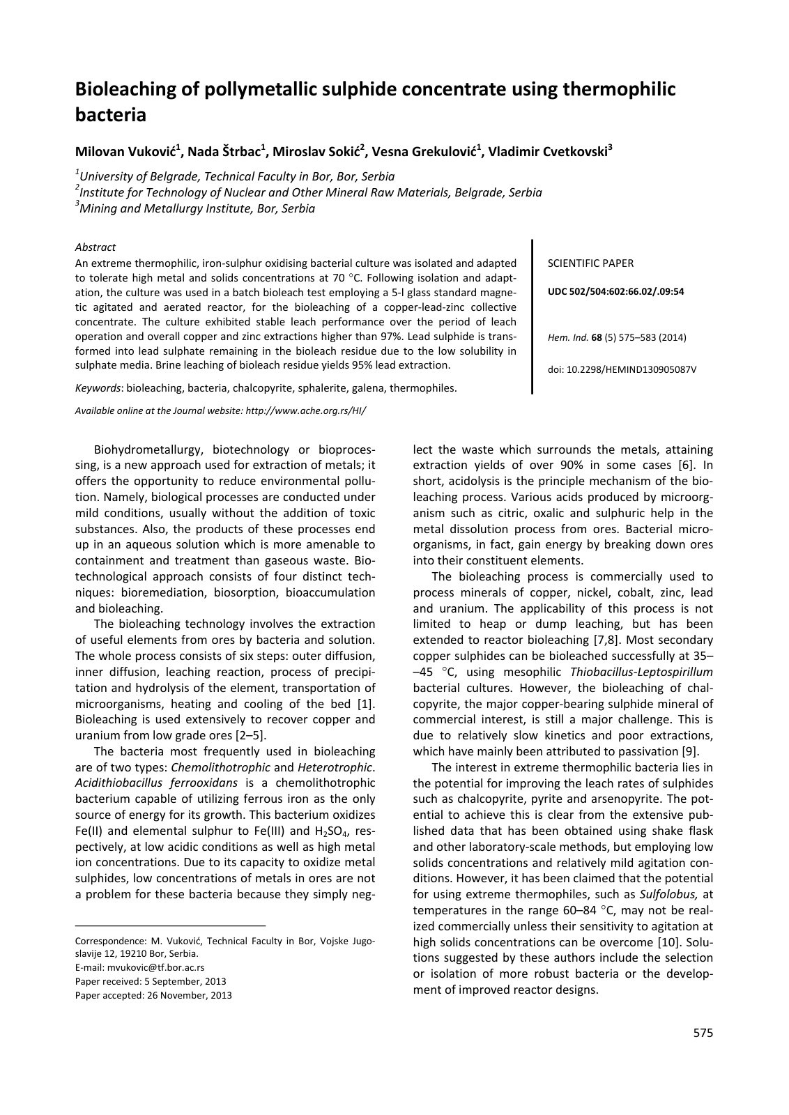 First page of Bioleaching of pollymetallic sulphide co