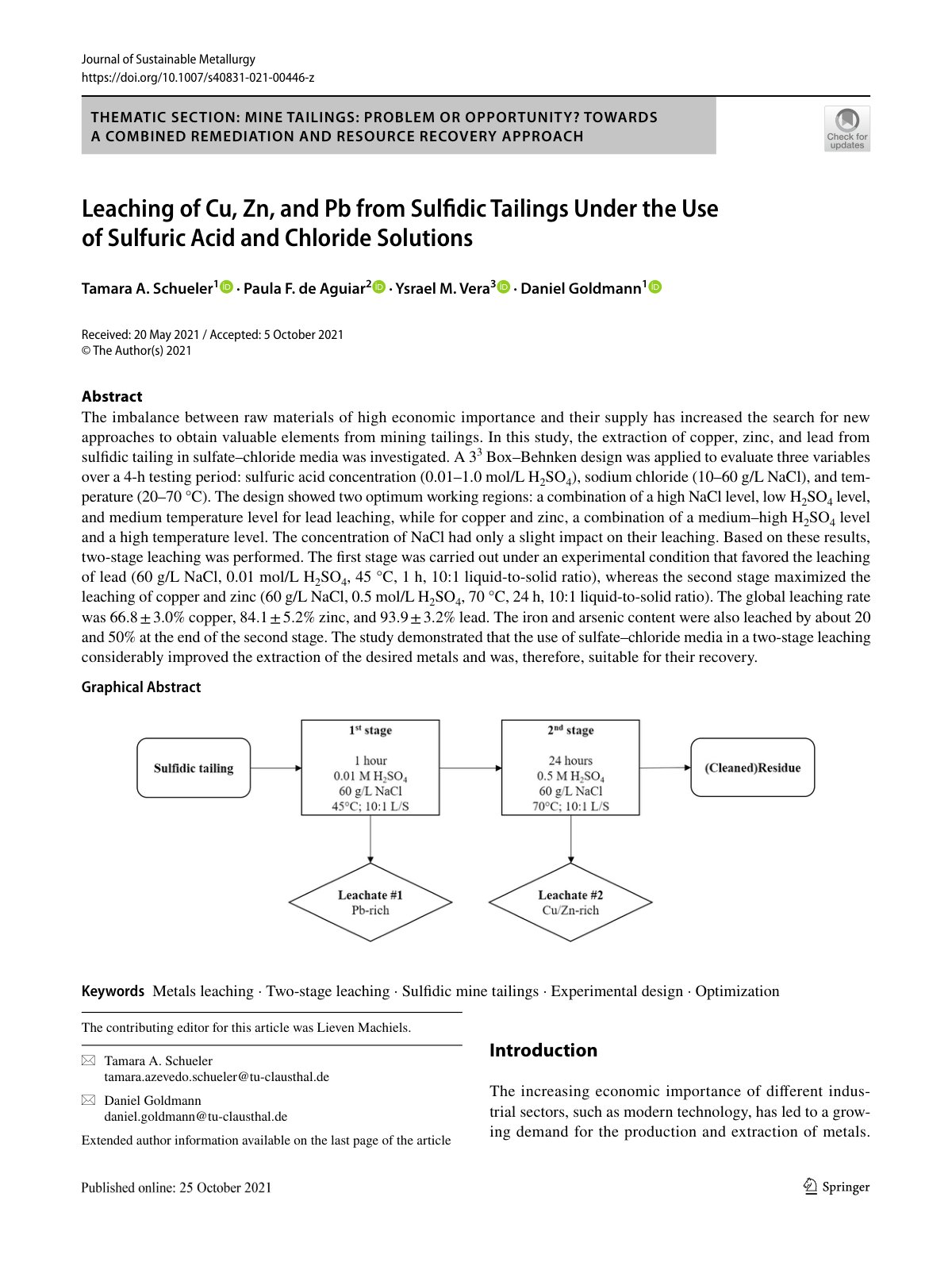 First page of Leaching of Cu, Zn, and Pb from Sulfidic Tailings Under the Use of Sulfuric Acid and Chloride Solutions