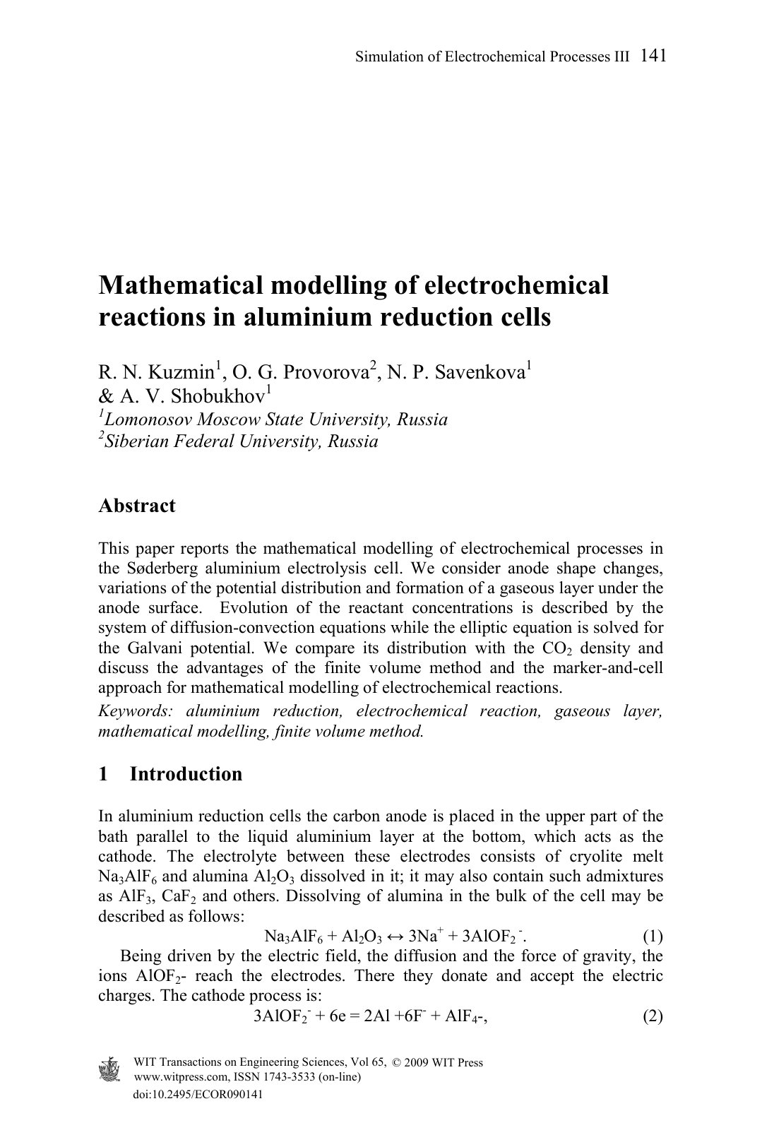 First page of Mathematical modelling of electrochemica
