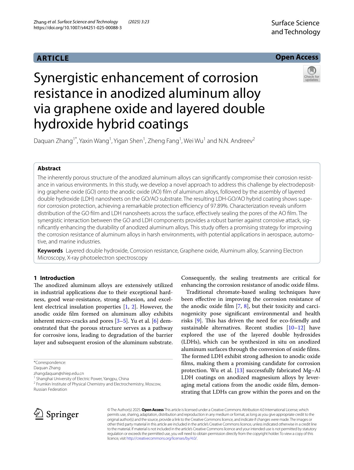 First page of 2025 Zhang Anodized Al LDH GO Coating