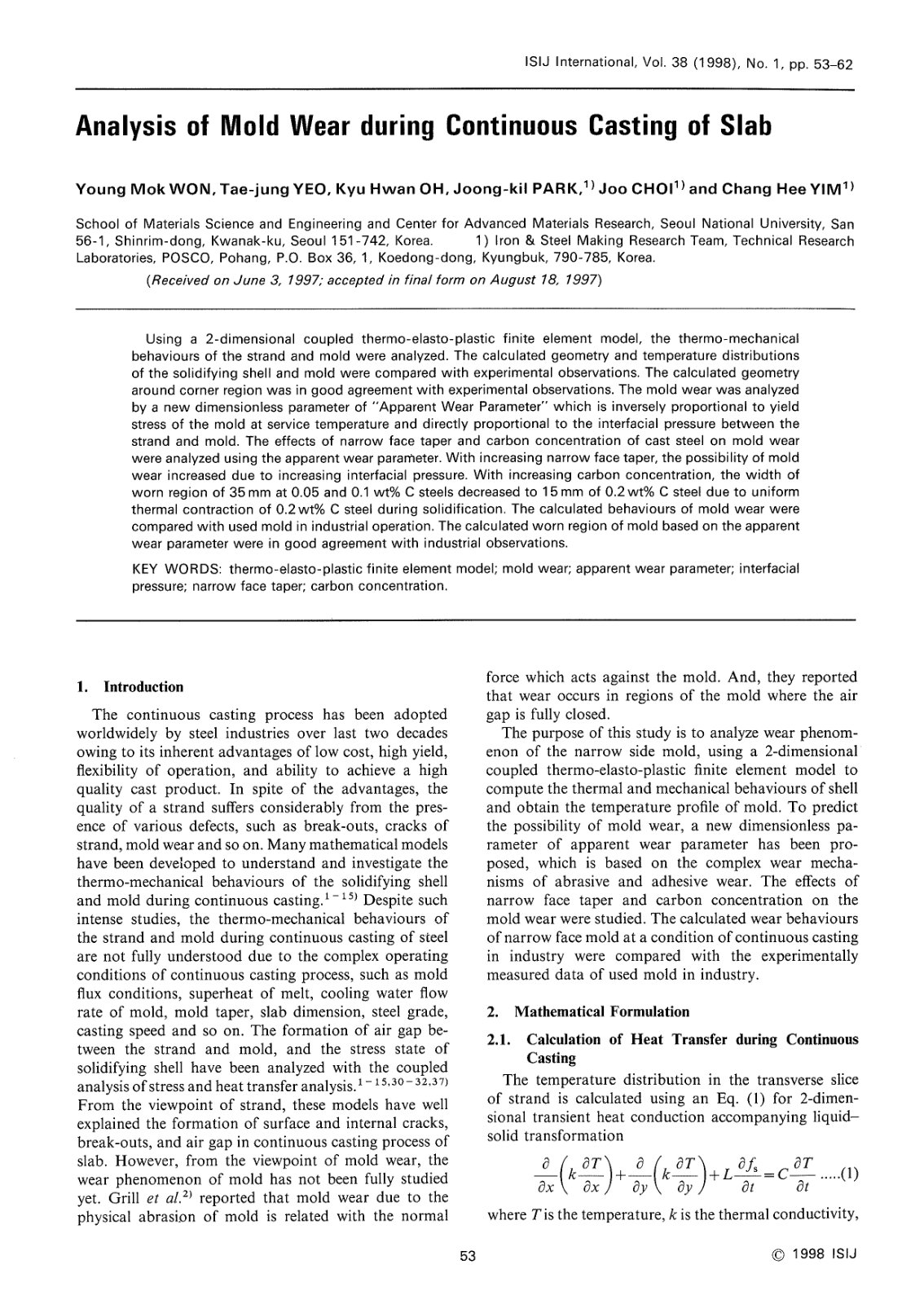 First page of Analysis of Mold Wearduring Continuous Casting of Slab