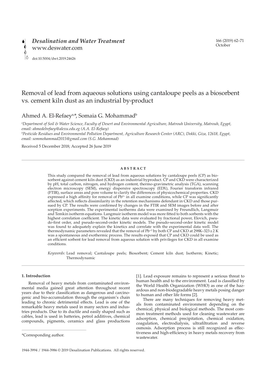 First page of Removal of lead from aqueous solutions u