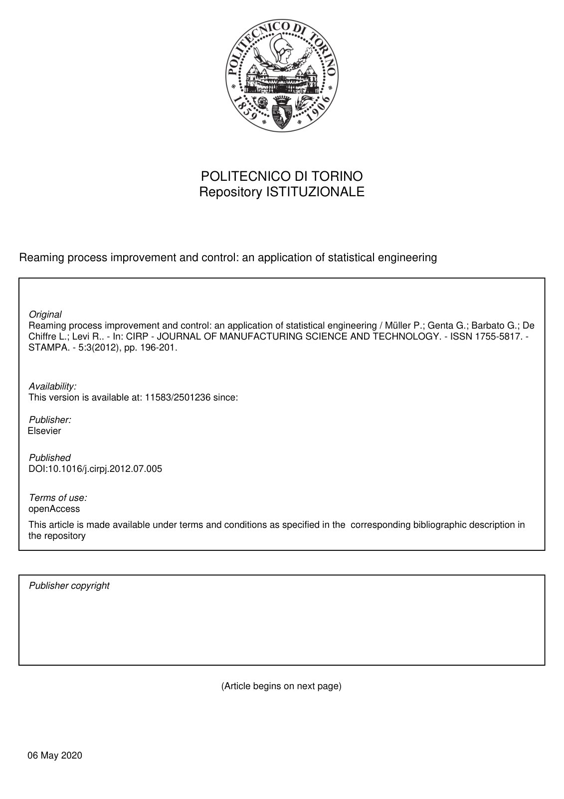 First page of Reaming process improvement and control: an application of statistical engineering