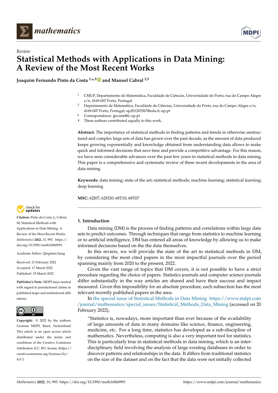 First page of Statistical Methods with Applications in Data Mining: A Review of the Most Recent Works