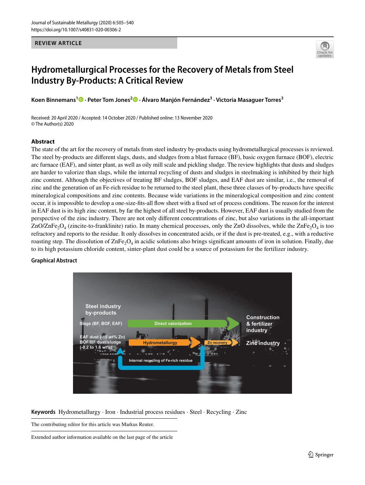 First page of Hydrometallurgical Processes for the Recovery of Metals from Steel Industry By-Products: A Critical Review