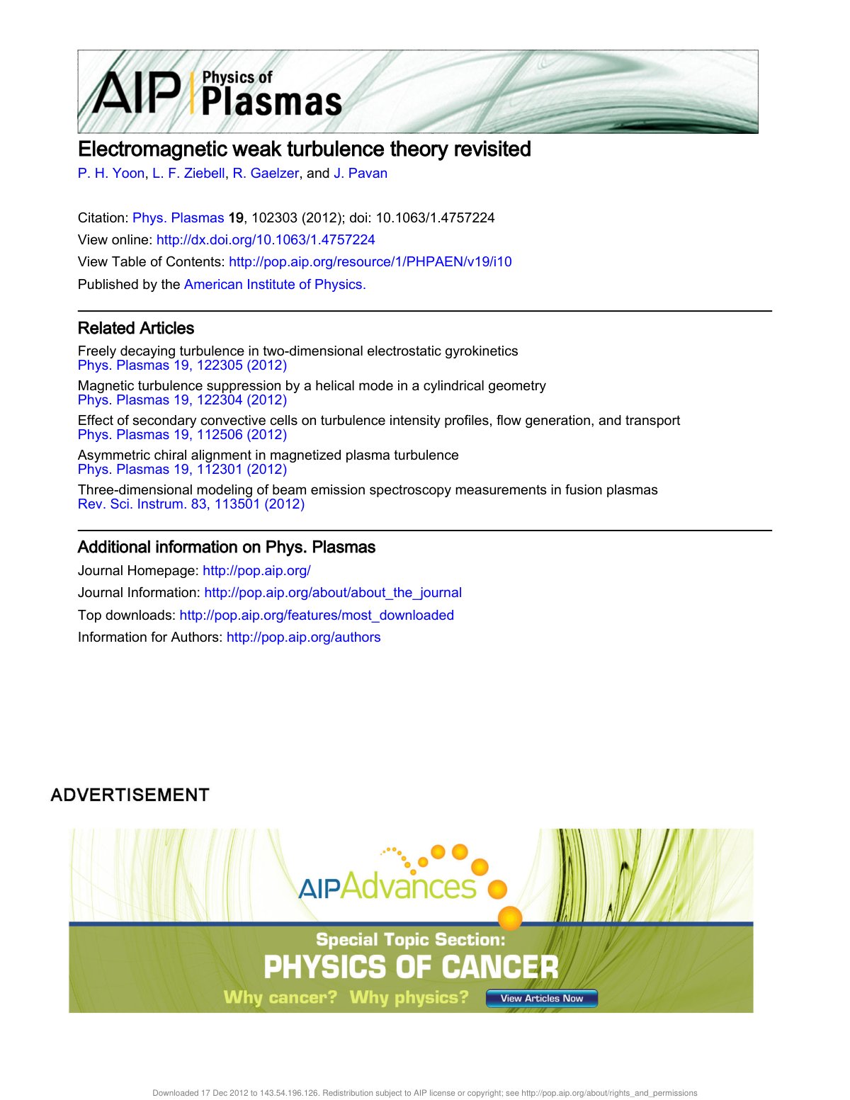 First page of Electromagnetic weak turbulence theory r