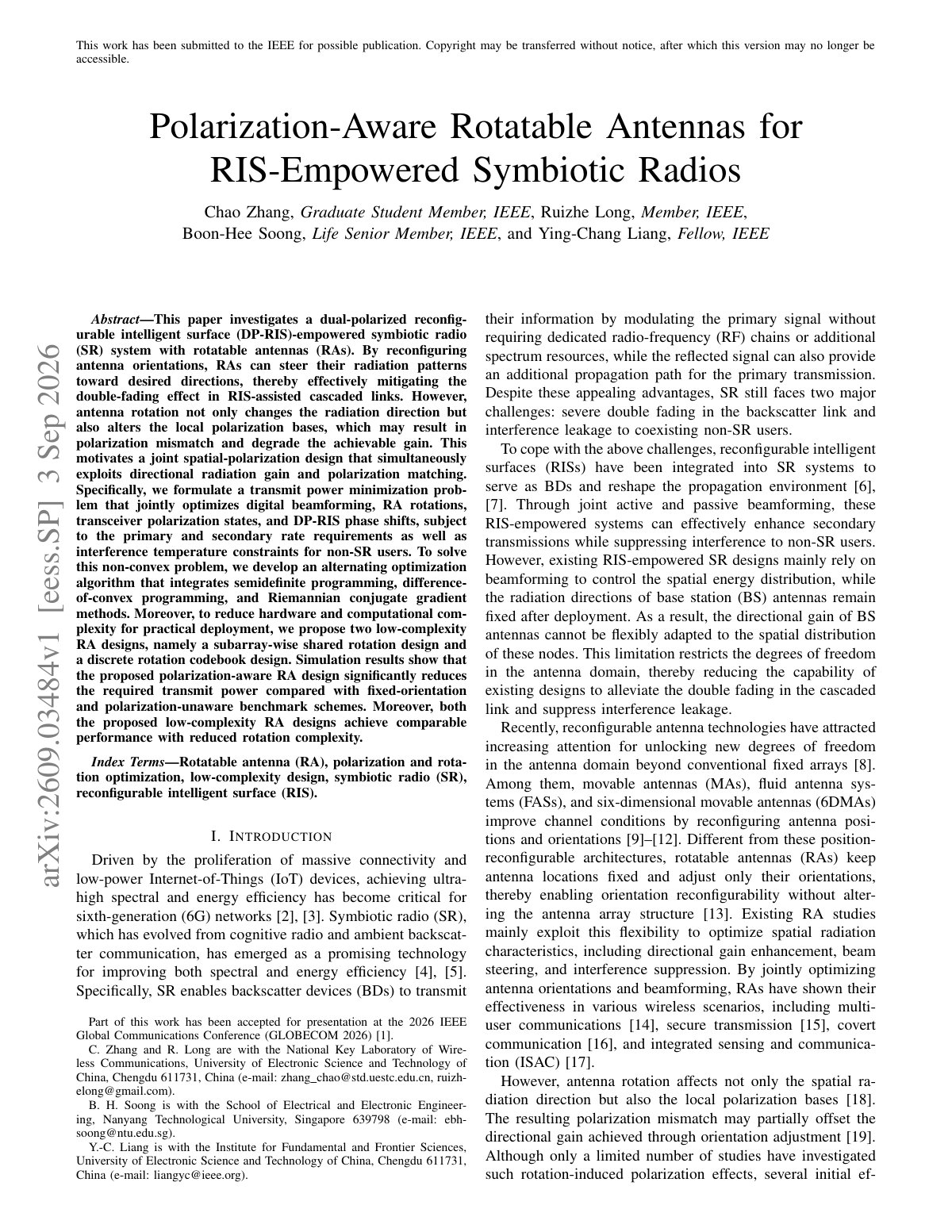First page of Polarization-Aware Rotatable Antennas for RIS-Empowered Symbiotic Radios