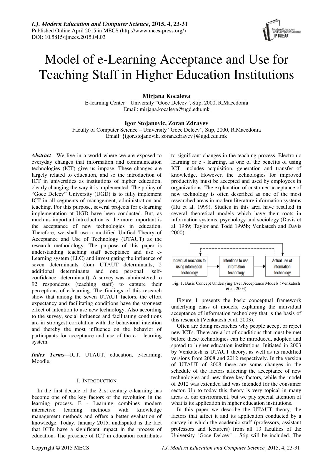 First page of Model of e-Learning Acceptance and Use for Teaching Staff in Higher Education Institutions