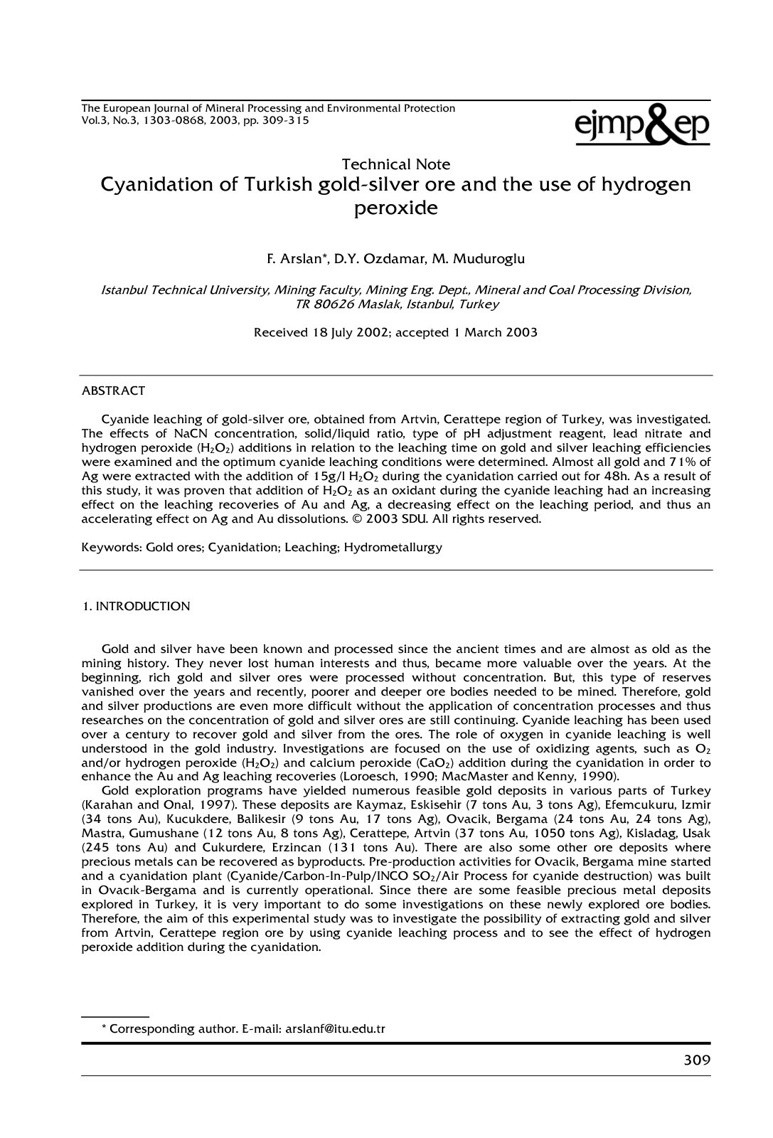 First page of Cyanidation of Turkish gold silver ore a
