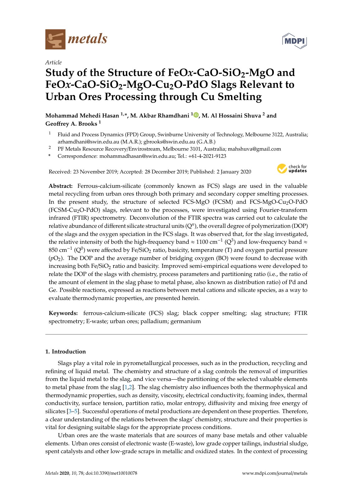 First page of Study of the Structure of FeOx CaO SiO2