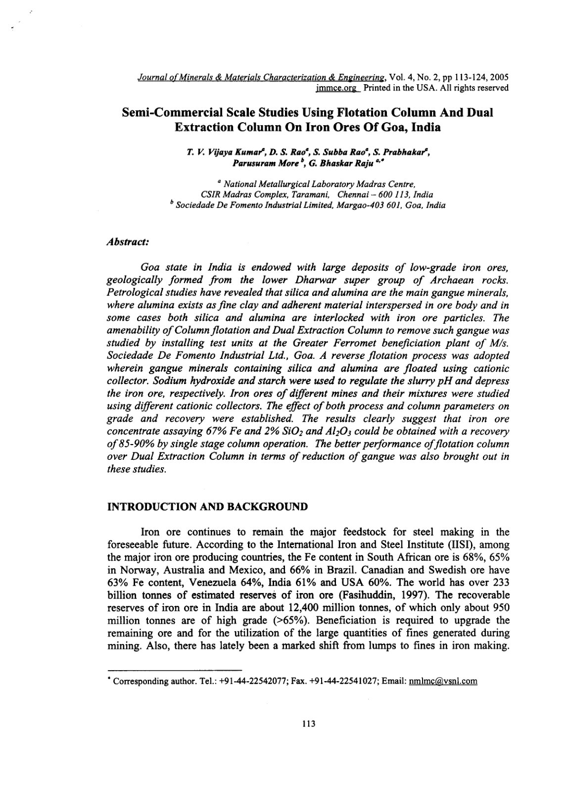 First page of Semi-Commercial Scale Studies Using Flotation Column And Dual Extraction Column On Iron Ores Of Goa, India