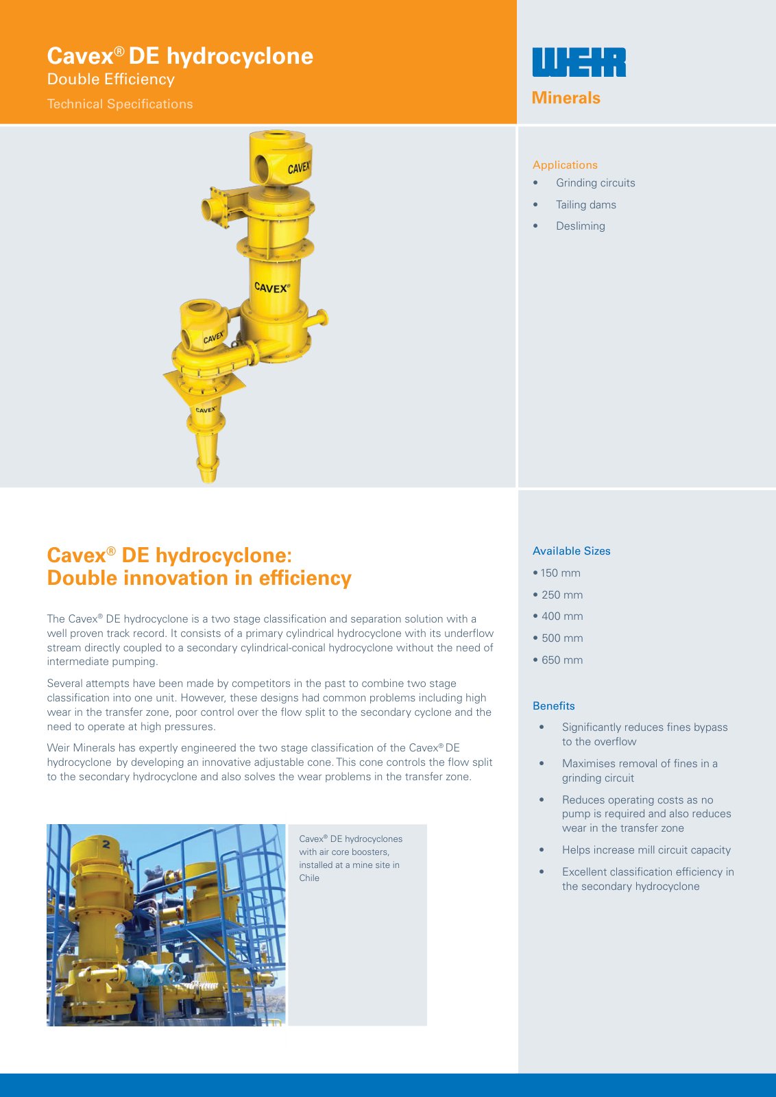 First page of AU0779 Cavex DE hydrocyclone spec sheet PREVIEW