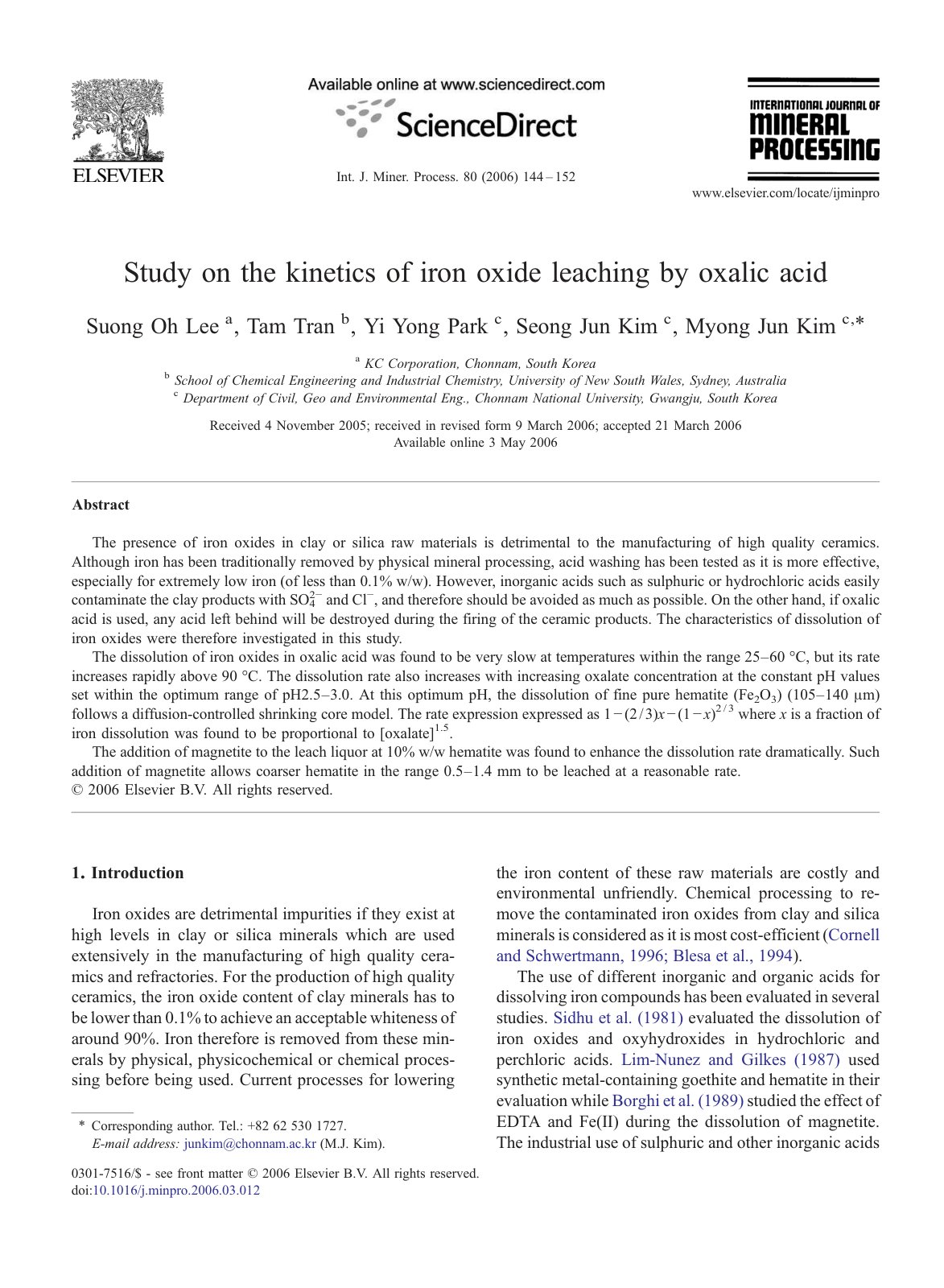 First page of Study on the kinetics of iron oxide leac