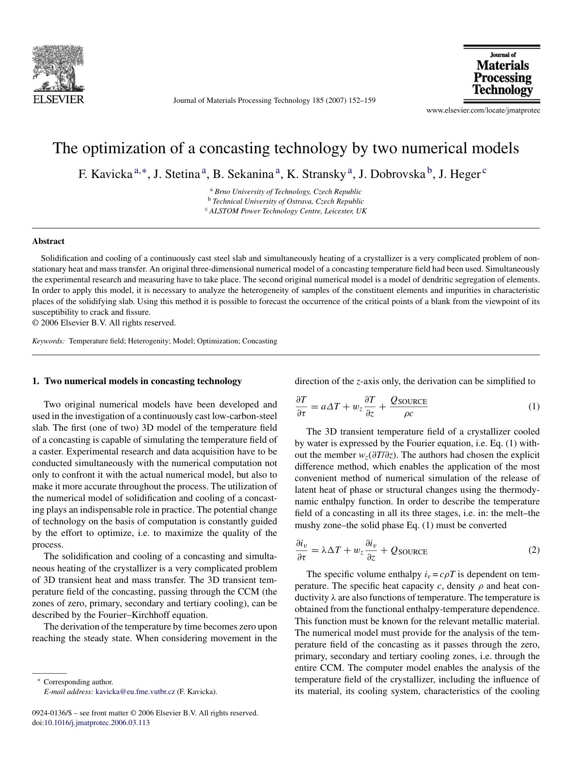 First page of The optimization of a concasting technol
