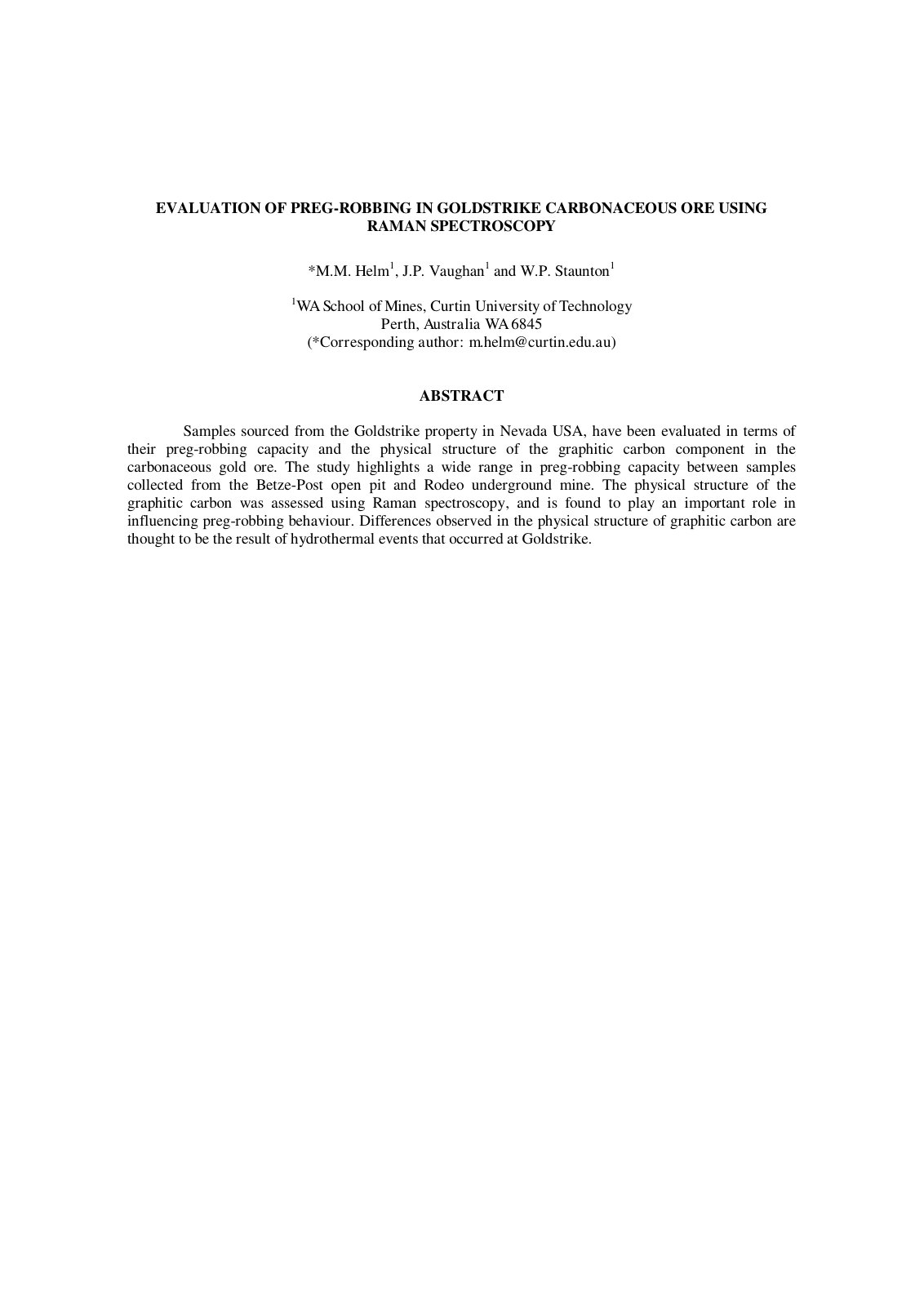 First page of Evaluation of Preg robbing in Goldstike Carbonaceous Ore using Raman Spectroscopy libre