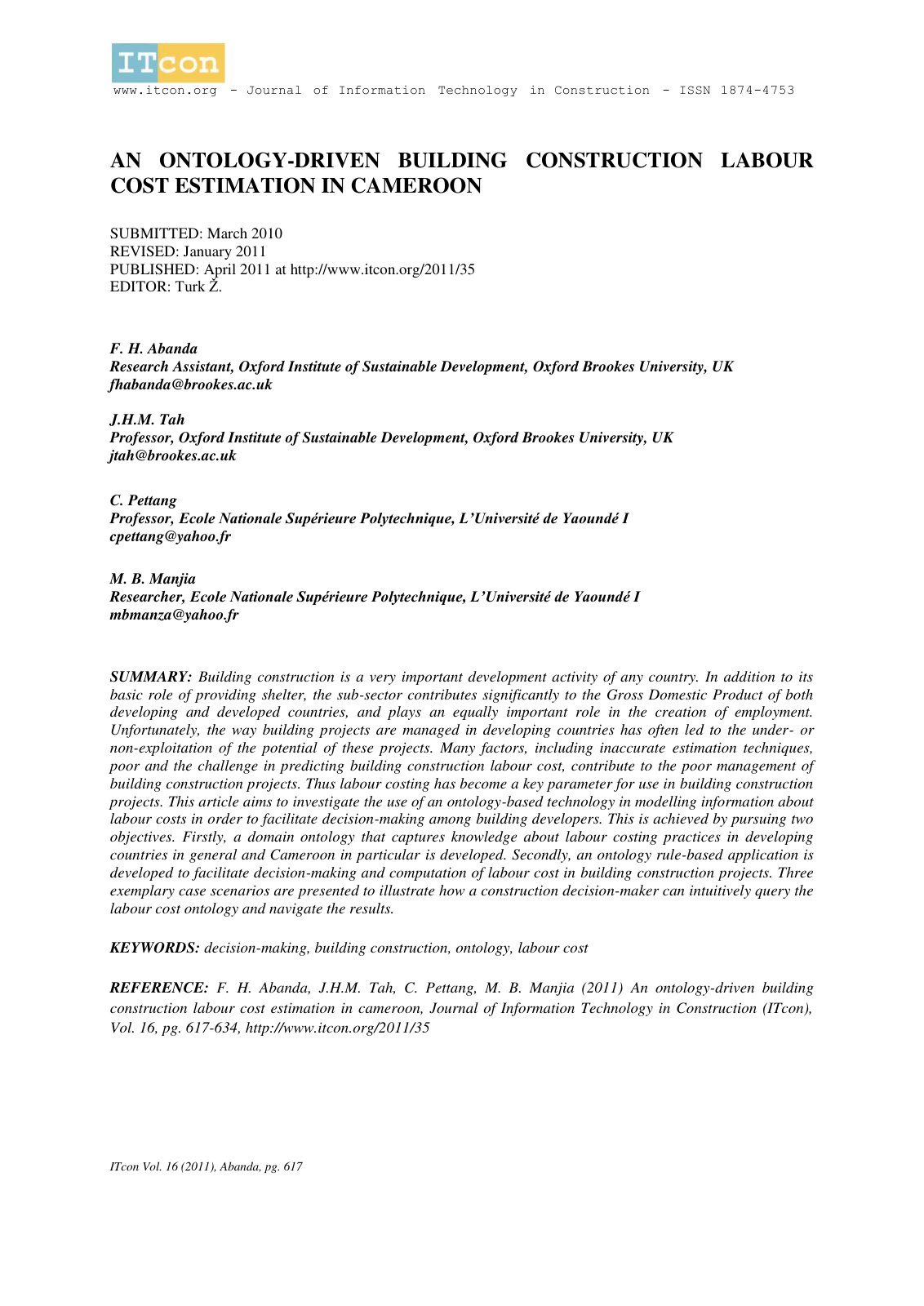 First page of An ontology driven building construction