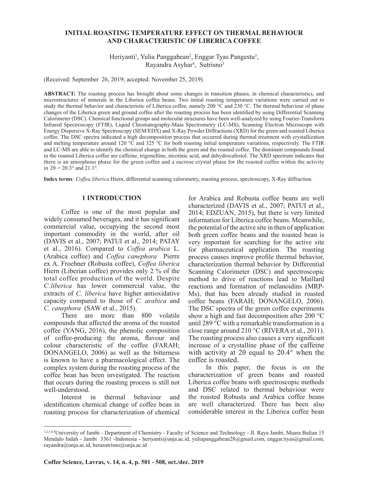 First page of INITIAL ROASTING TEMPERATURE EFFECT ON THERMAL BEHA VIOUR AND CHARACTERISTIC OF LIBERICA COFFEE