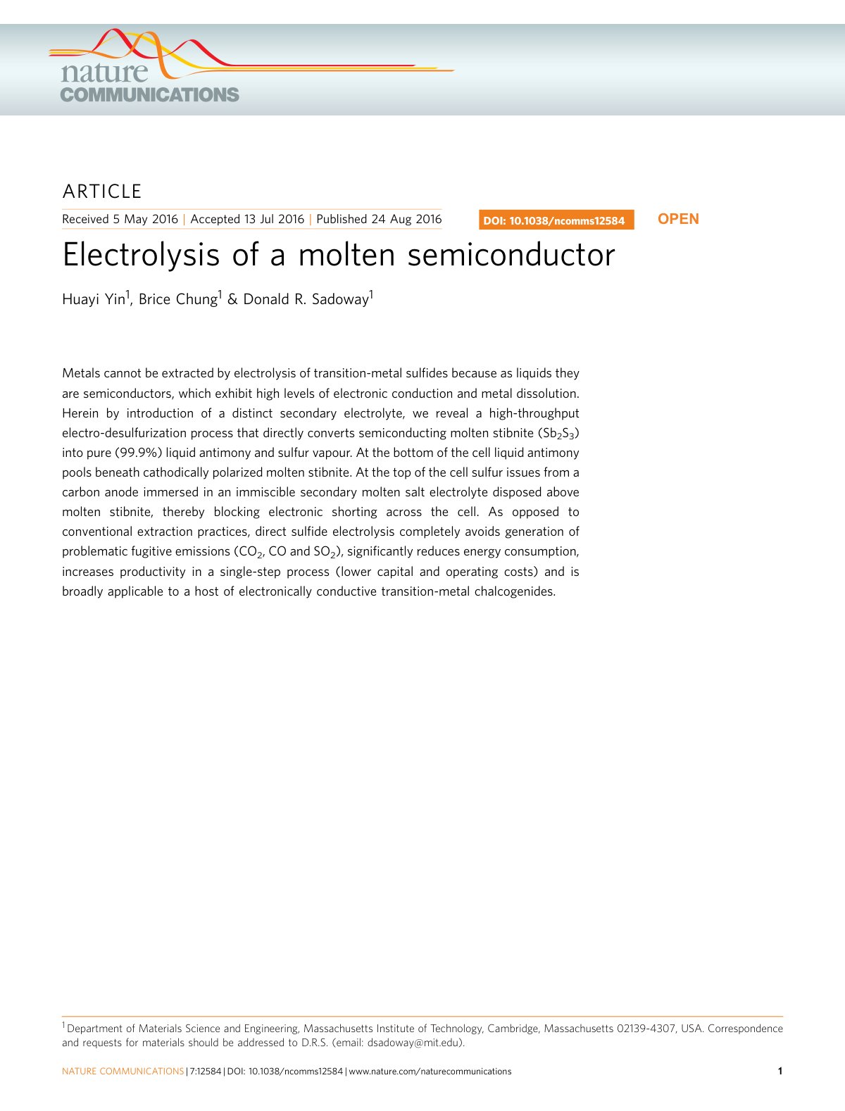First page of Electrolysis of a molten semiconductor