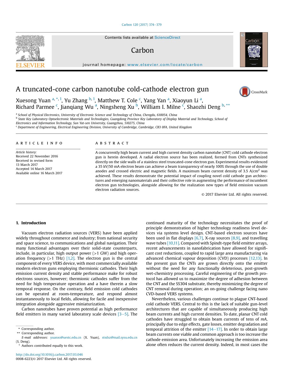 First page of A truncated-cone carbon nanotube cold-cathode electron gun