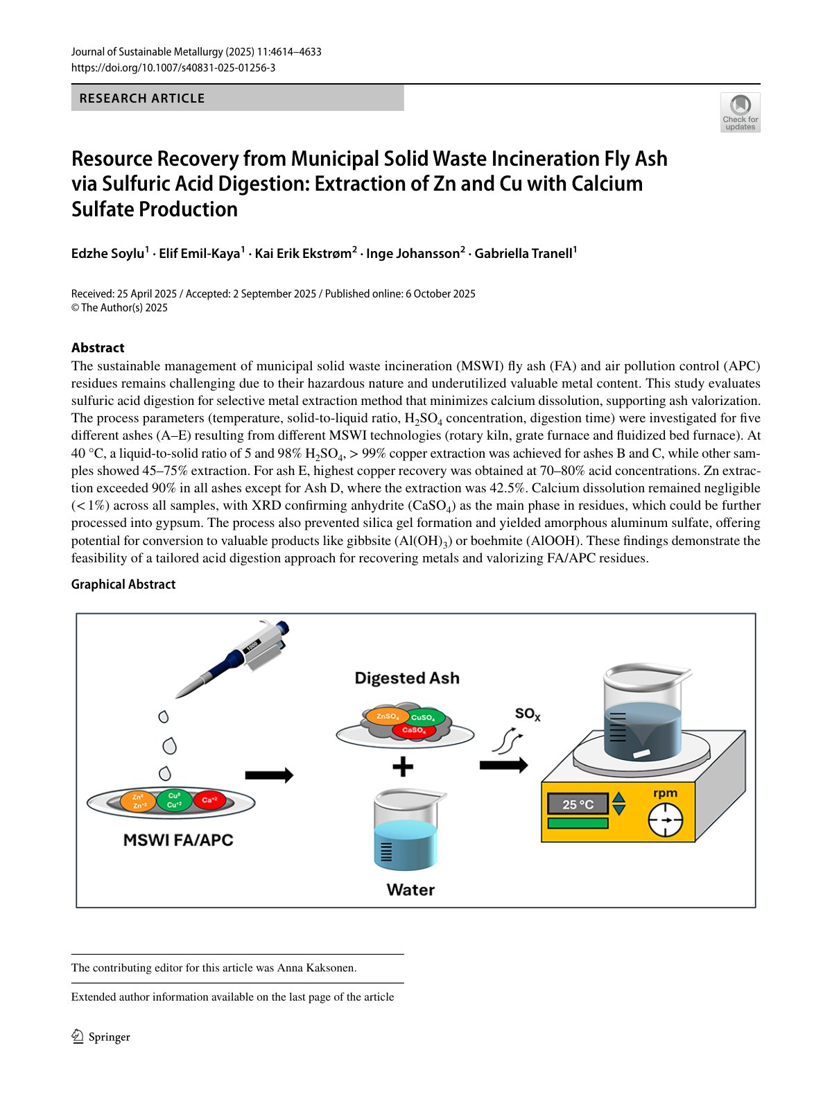 First page of Resource Recovery from Municipal Solid Waste Incineration Fly Ash via Sulfuric Acid Digestion: Extraction of Zn and Cu with Calcium Sulfate Production