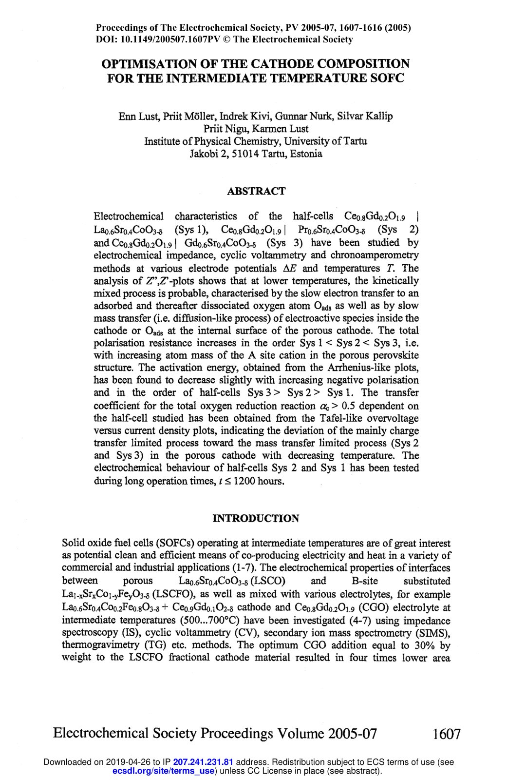 First page of OPTIMISATION OF THE CATHODE COMPOSITION FOR THE INTERMEDIATE TEMPERATURE SOFC