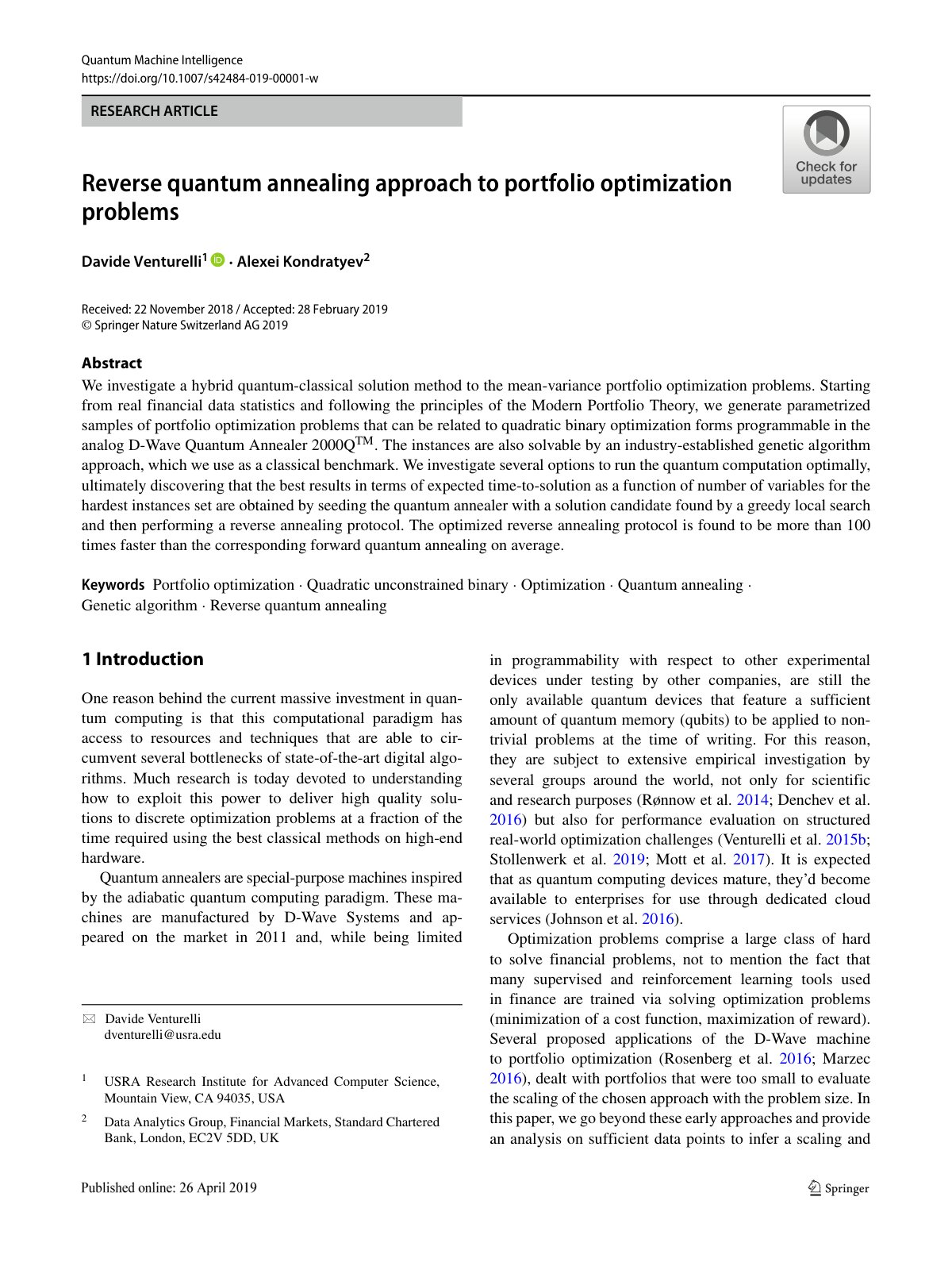 First page of Reverse quantum annealing approach to portfolio optimization problems
