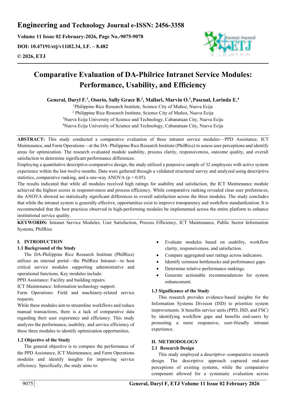 First page of Comparative Evaluation of DA-Philrice Intranet Service Modules:  Performance, Usability, and Efficiency  