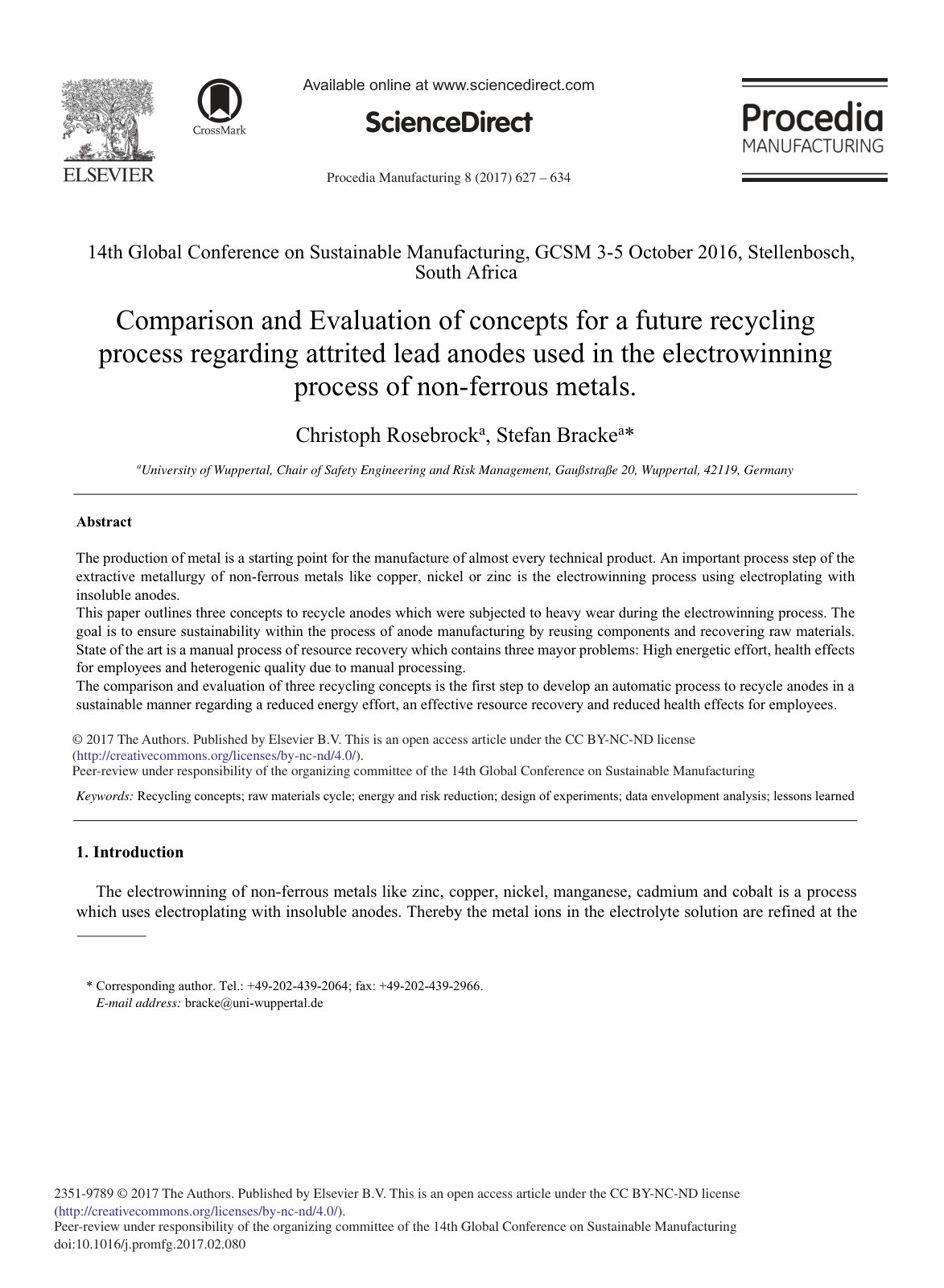 First page of Comparison and Evaluation of concepts for a future recycling process regarding attrited lead anodes used in the electrowinning process of non-ferrous metals.