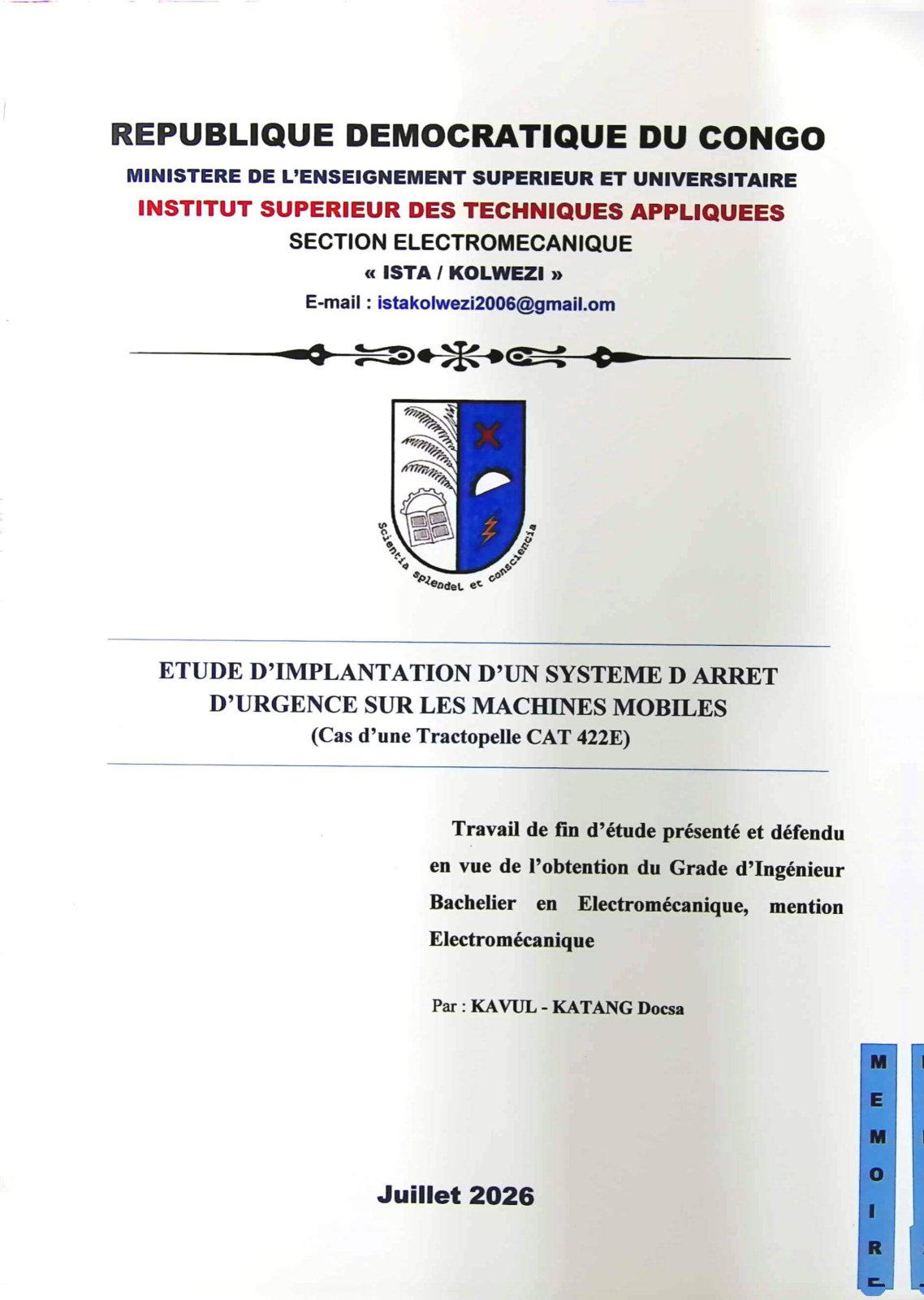 First page of ETUDE D'IMPLANTATION D'UN SYSTEME D ARRET D'URGENCE SUR LES MACHINES MOBILES (Cas d'une Tractopelle CAT 422E)