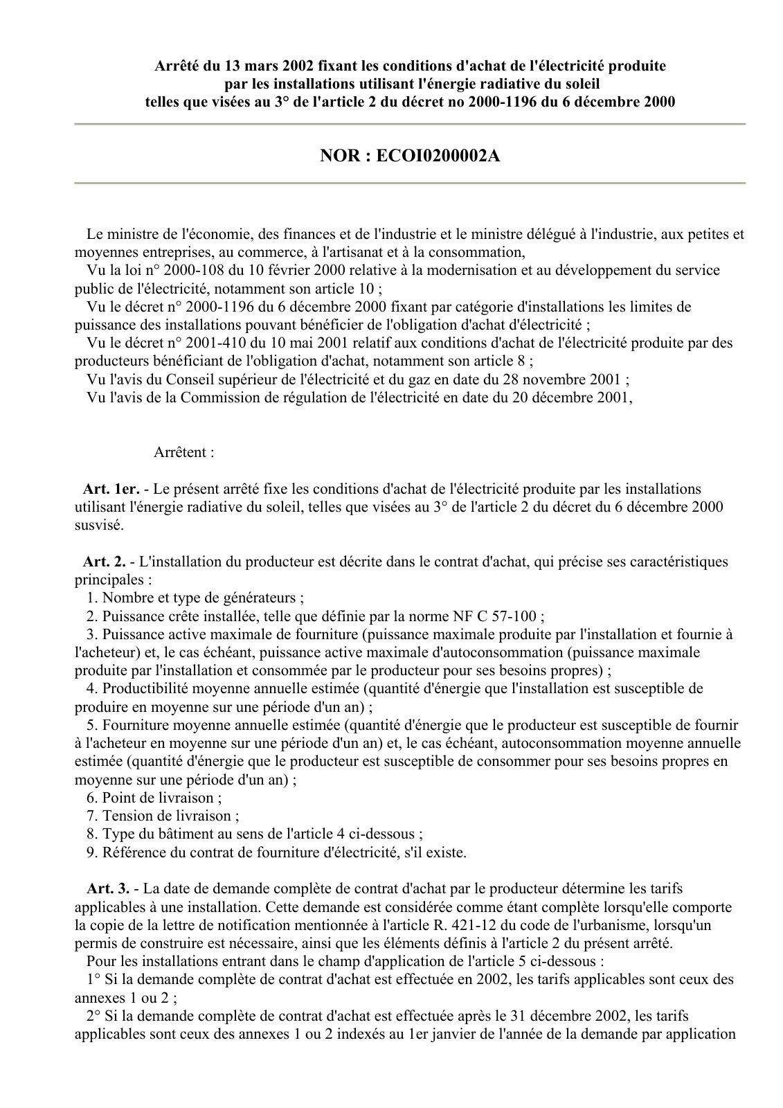First page of Arrêté du 13 mars 2002 fixant les conditions d'achat de l'électricité produite par les installations utilisant l'énergie radiative du soleil