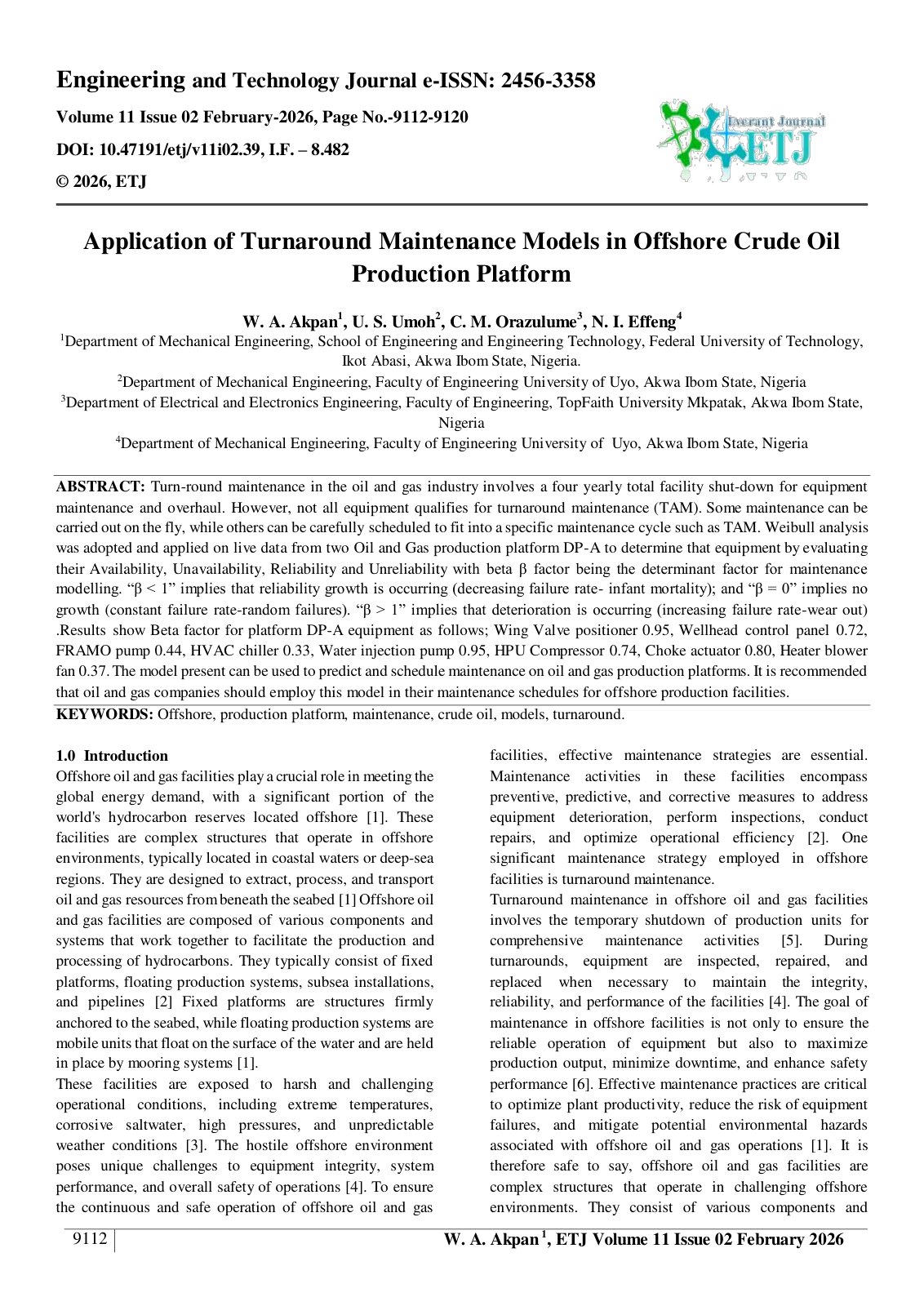 First page of Application of Turnaround Maintenance Models in Offshore Crude Oil  Production Platform  