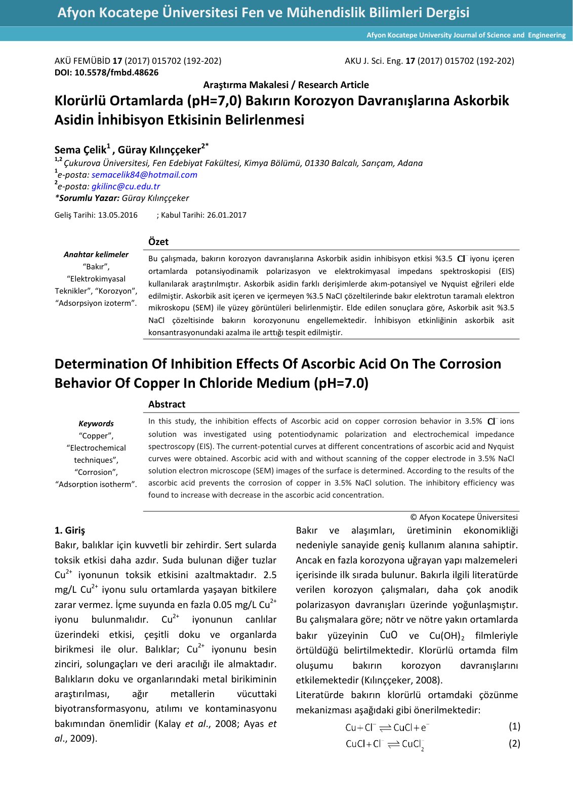 First page of Klorürlü Ortamlarda (pH=7,0) Bakırın Korozyon Davranışlarına Askorbik Asidin İnhibisyon Etkisinin Belirlenmesi