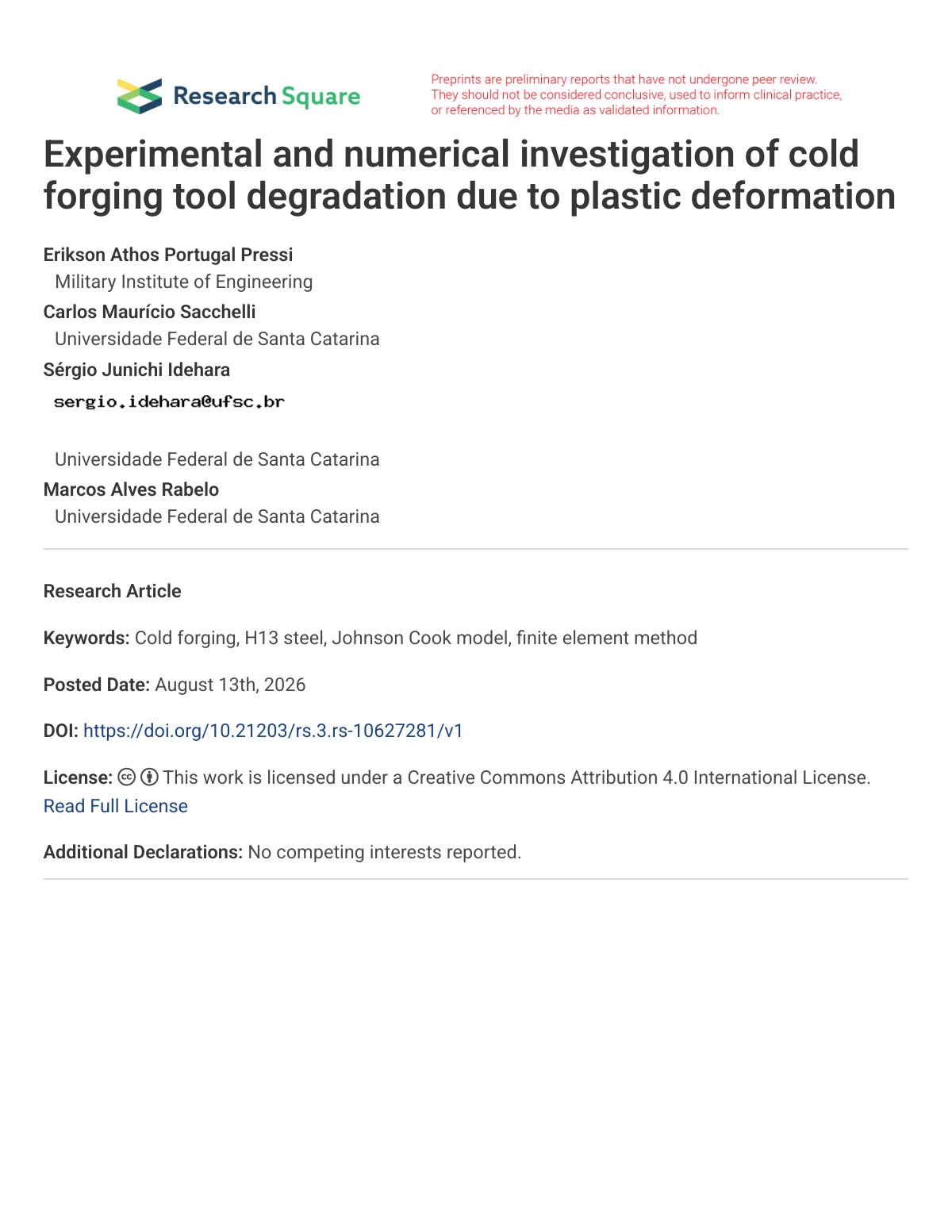 First page of Experimental and numerical investigation of cold forging tool degradation due to plastic deformation