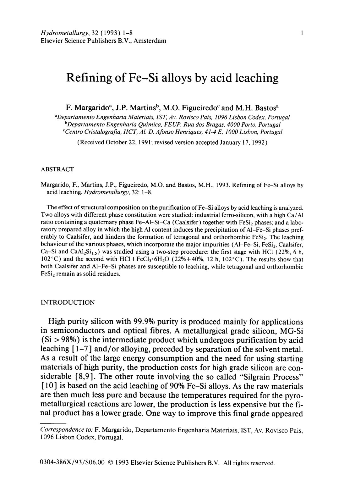 First page of Refining of Fe-Si alloys by acid leaching